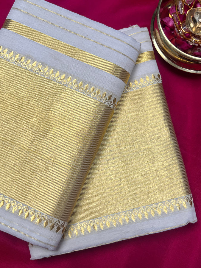 Golden Zari Border Balaramapuram Handloom Set Mundu | KL246