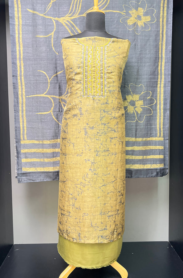 Print With Embroidery Detailed Tussar Finish Salwar Set | KSD173