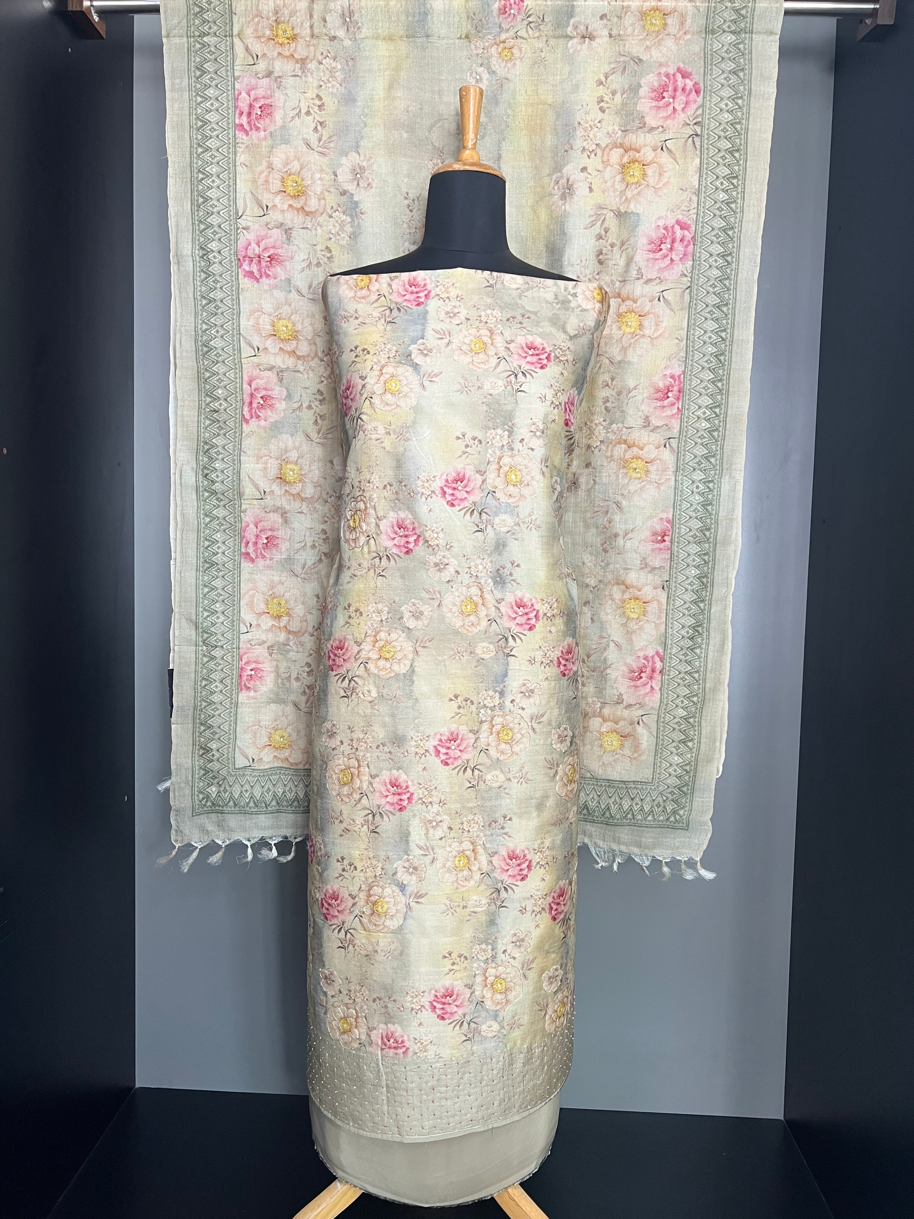 Floral Print With Embroidery Detailed Pure Tussar Salwar Set | LV511