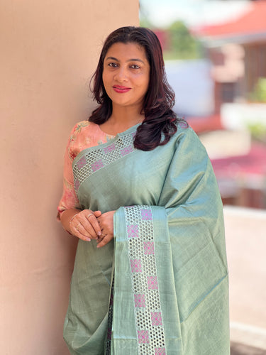 Self Colour Honey Comb Cut Work Desi Tussar Saree | MNH323