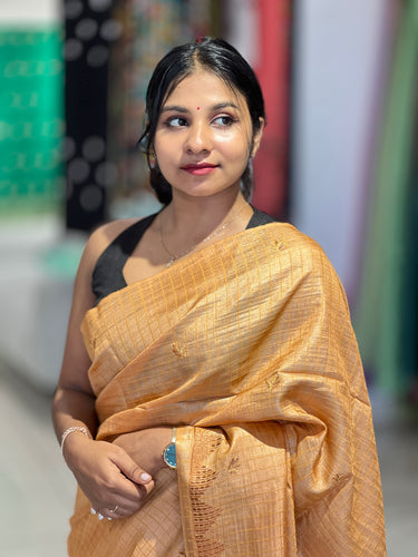 Check Weaving Machine Embroidery Detailed Tussar Saree | MNH473