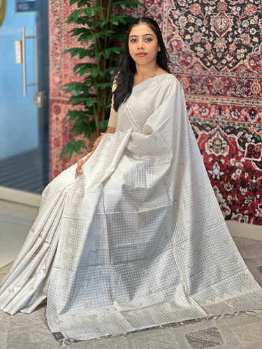 Check Weaving Machine Embroidery Detailed Tussar Saree | MNH474