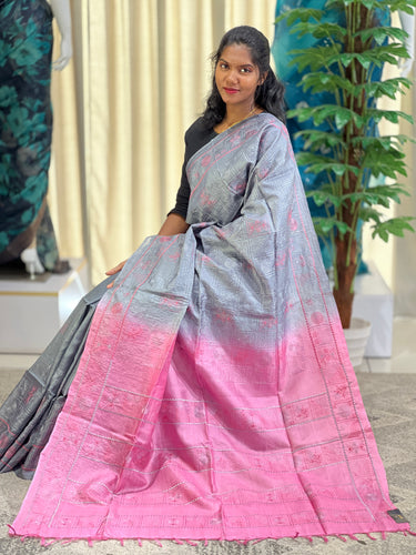 Floral & Geometric Embroidery Patterned Tussar Saree | MNH478