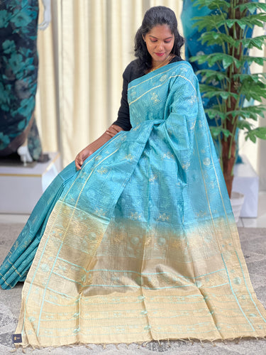 Floral & Geometric Embroidery Patterned Tussar Saree | MNH480