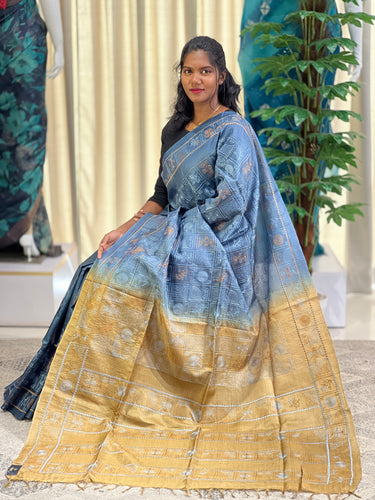 Floral & Geometric Embroidery Patterned Tussar Saree | MNH481