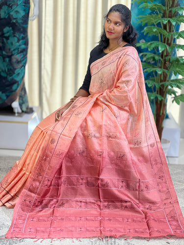 Floral & Geometric Embroidery Patterned Tussar Saree | MNH482