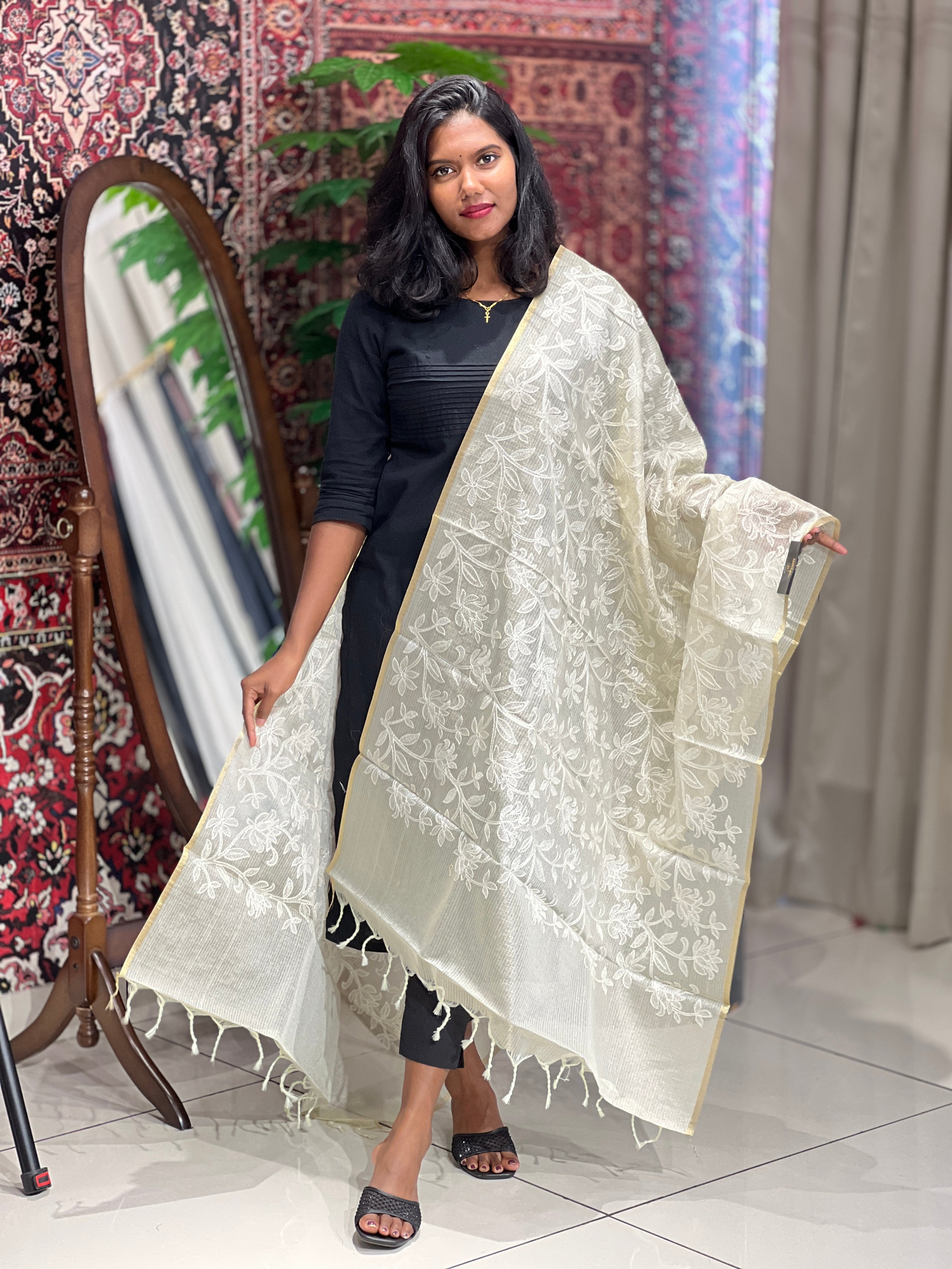 Floral Embroidery Detailed Tissue Kota Dupatta | MR235