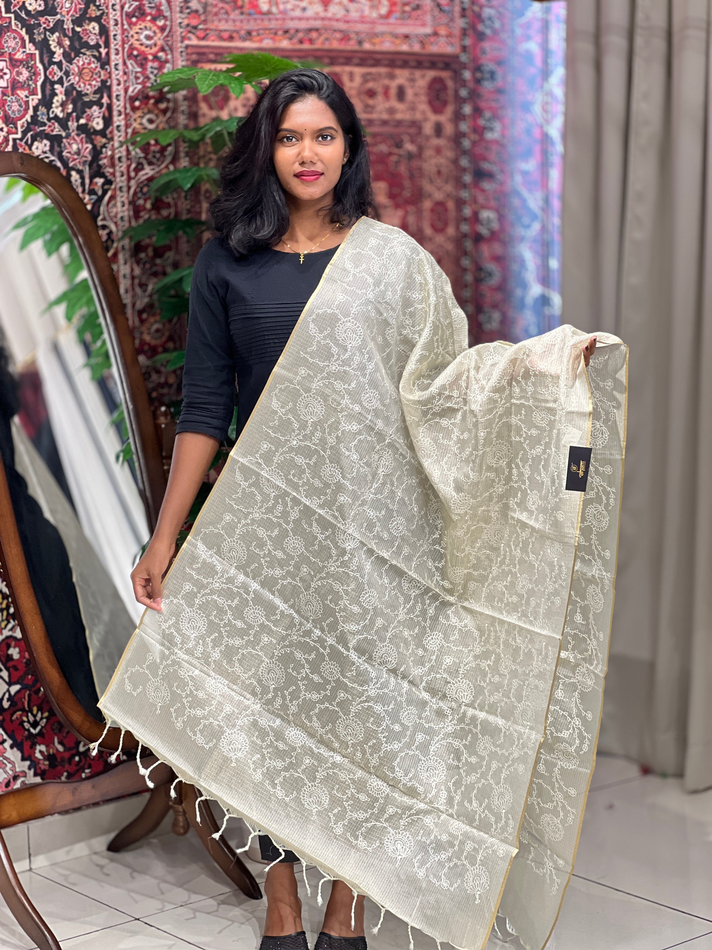 Floral Embroidery Detailed Tissue Kota Dupatta | MR236