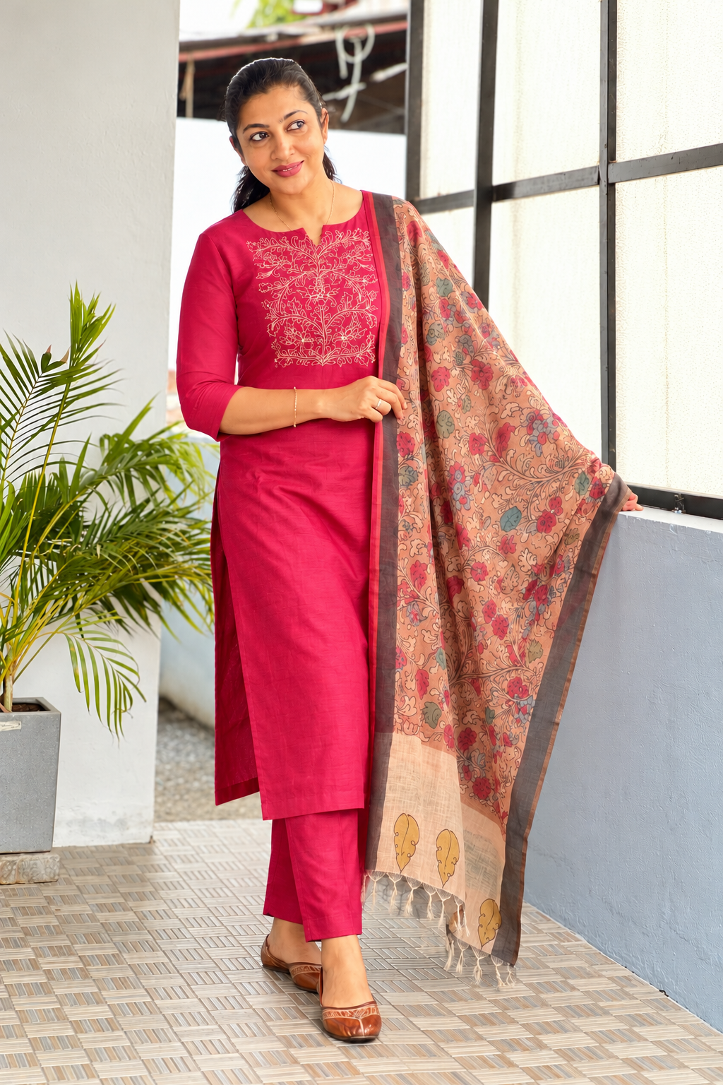 Mul Chanderi Single-Thread Floral Embroidered Salwar Set | HAK101