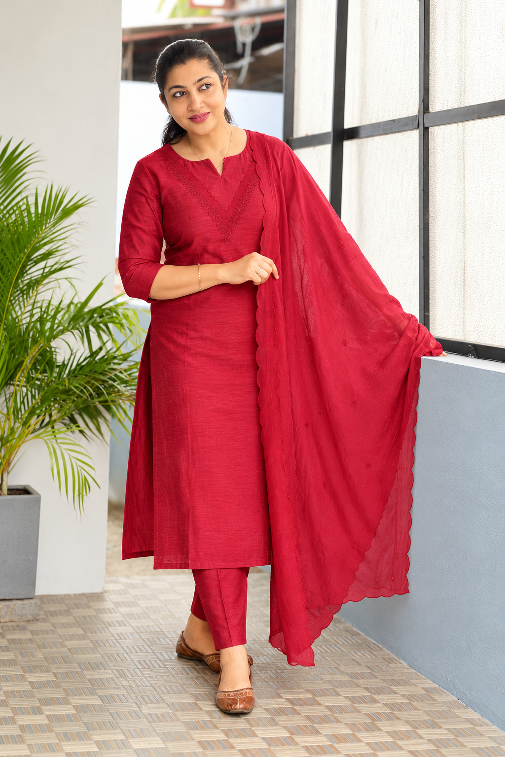 Mul Chanderi Single-Thread Floral Embroidered Salwar Set | HAK107