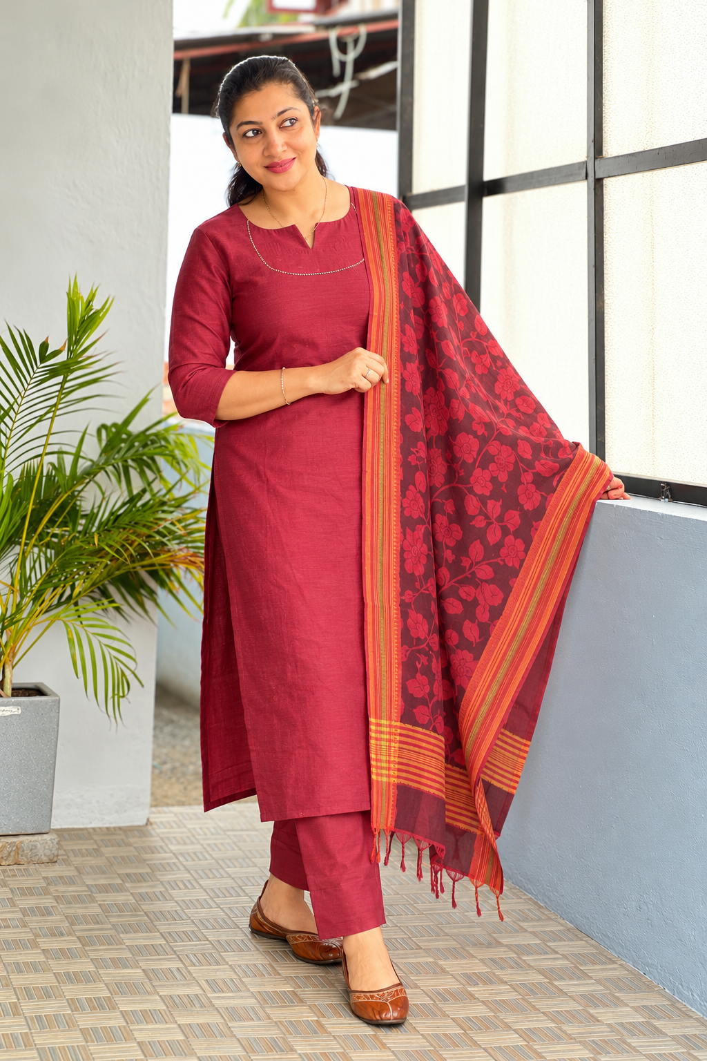 Mul Chanderi Single-Thread Floral Embroidered Salwar Set | HAK109