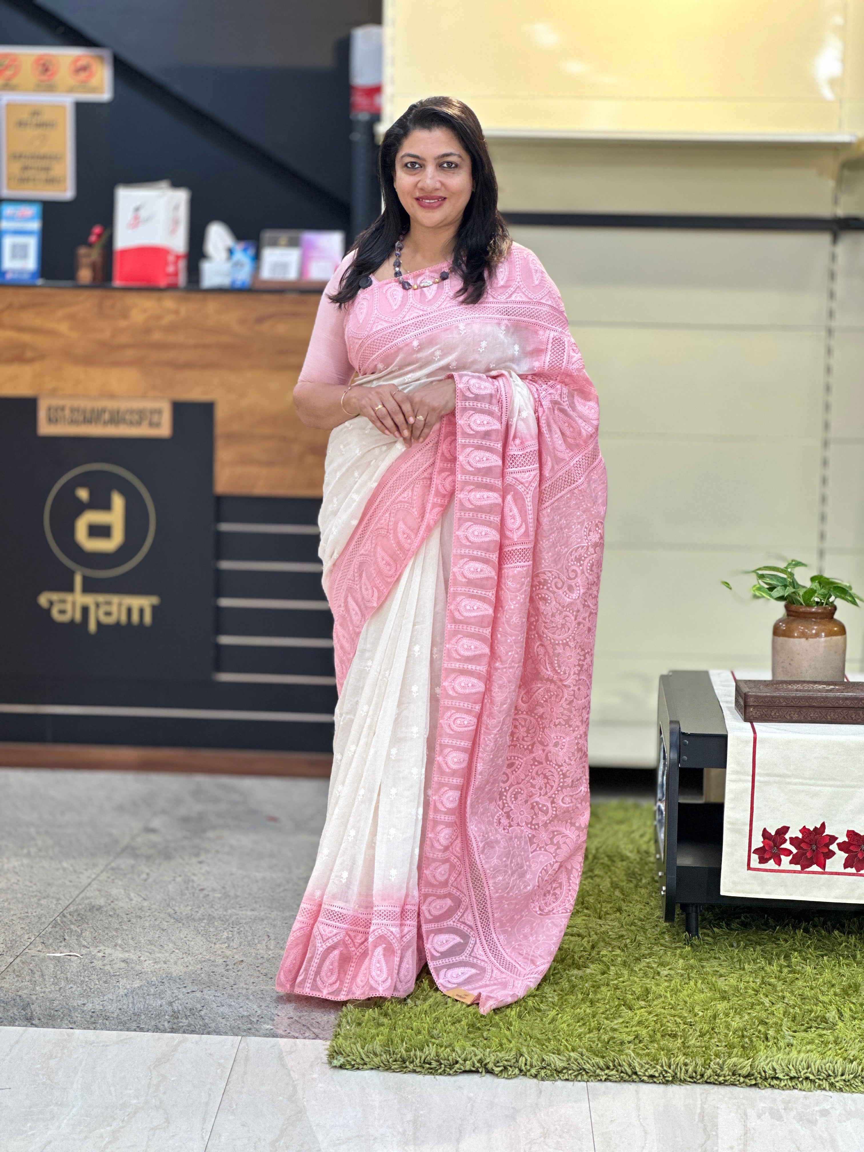 Lucknowi Inspired Embroidery Detailed Mul Chanderi Saree | MM429