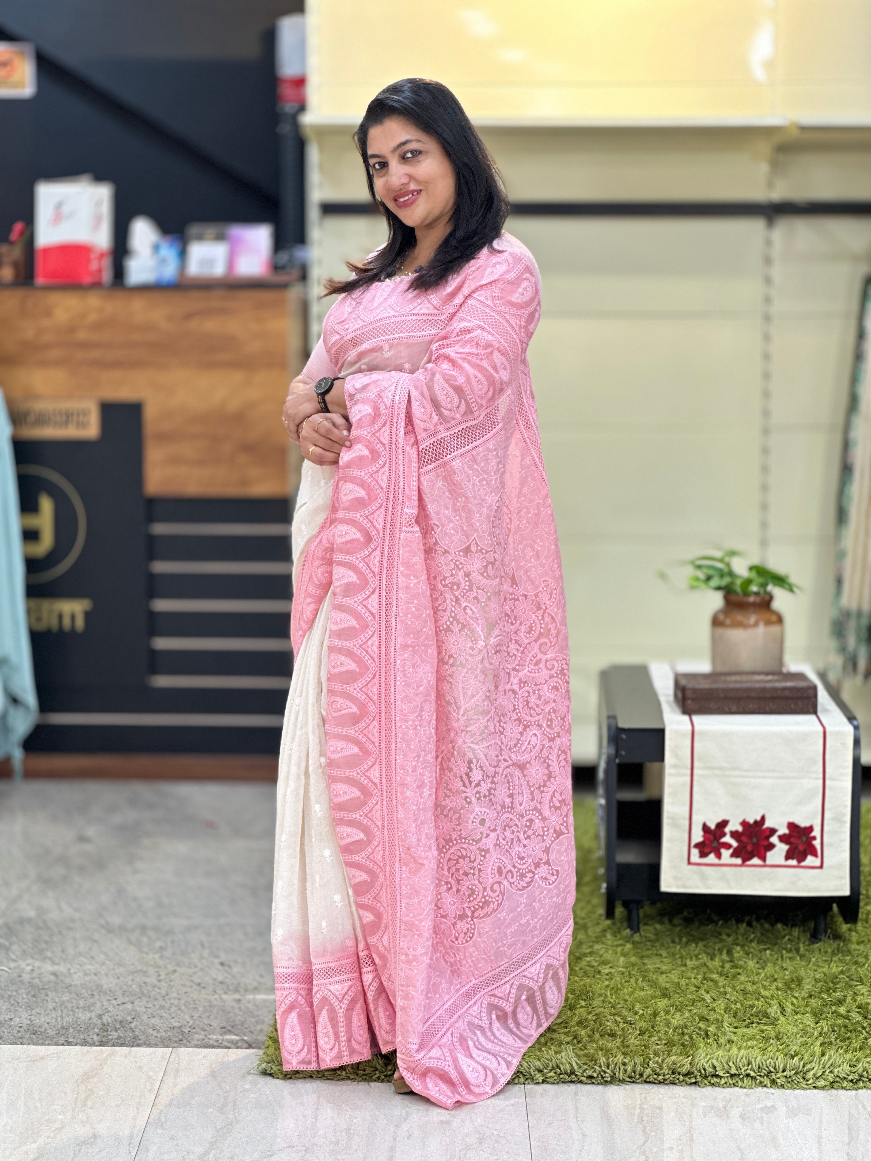 Lucknowi Inspired Embroidery Detailed Mul Chanderi Saree | MM429