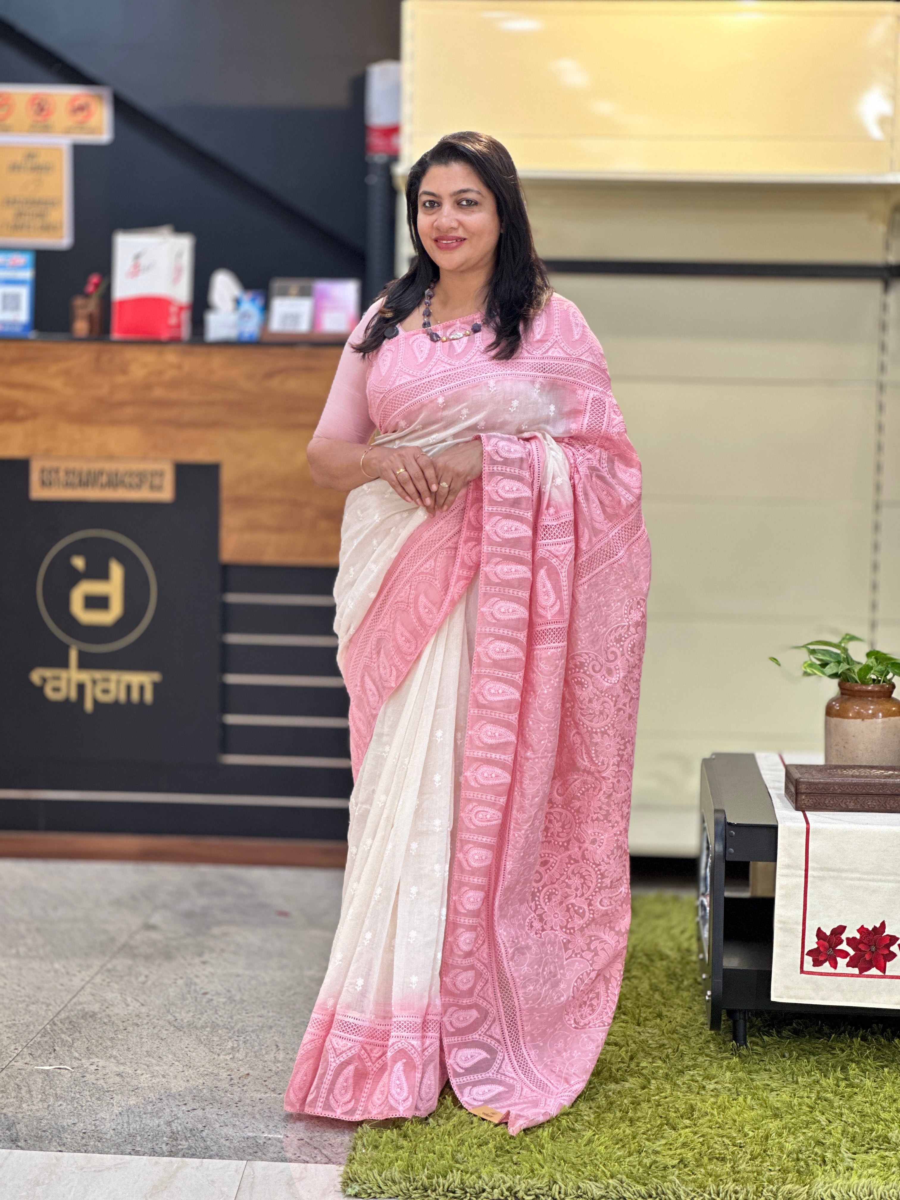 Lucknowi Inspired Embroidery Detailed Mul Chanderi Saree | MM429