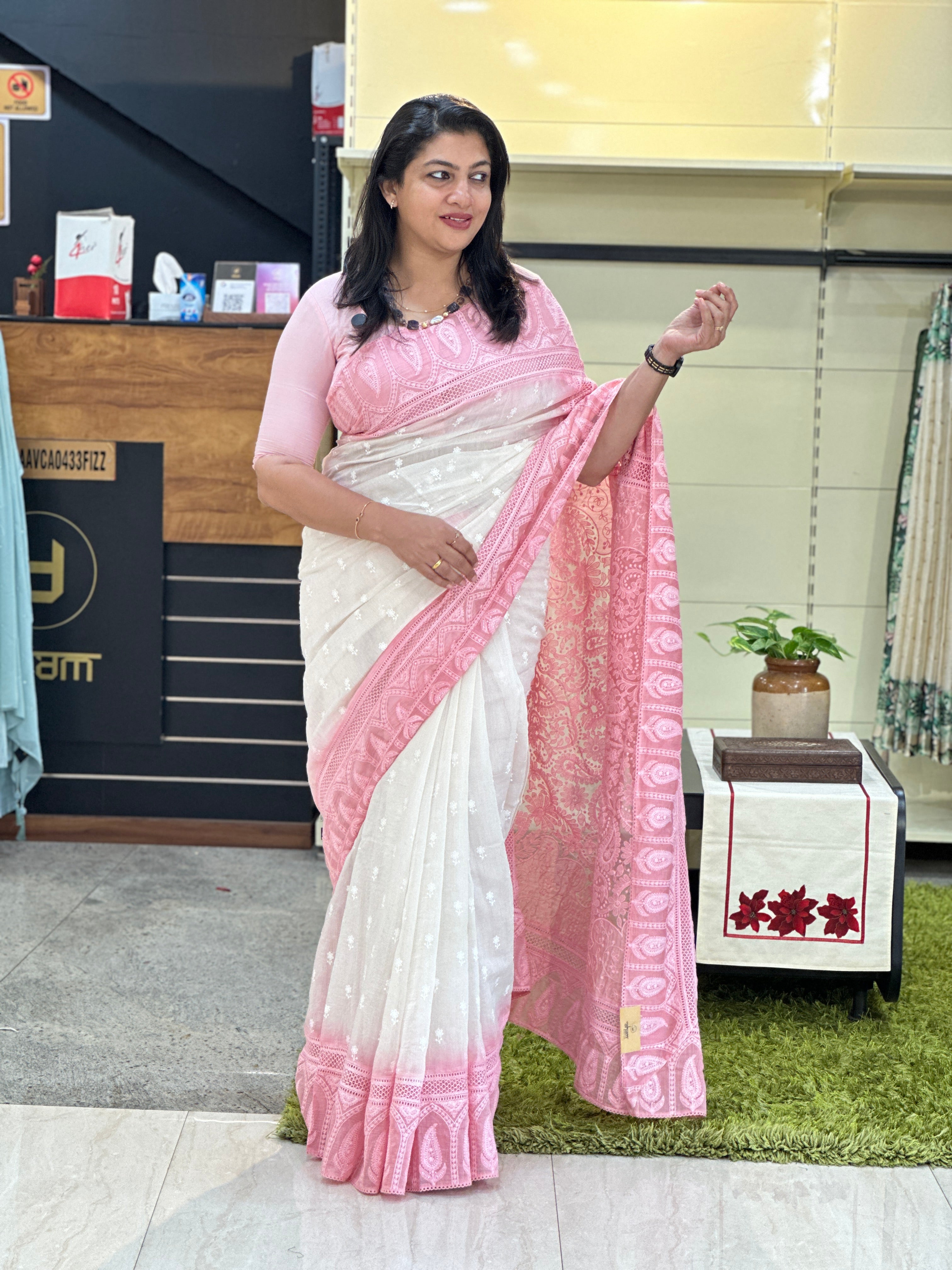 Lucknowi Inspired Embroidery Detailed Mul Chanderi Saree | MM429