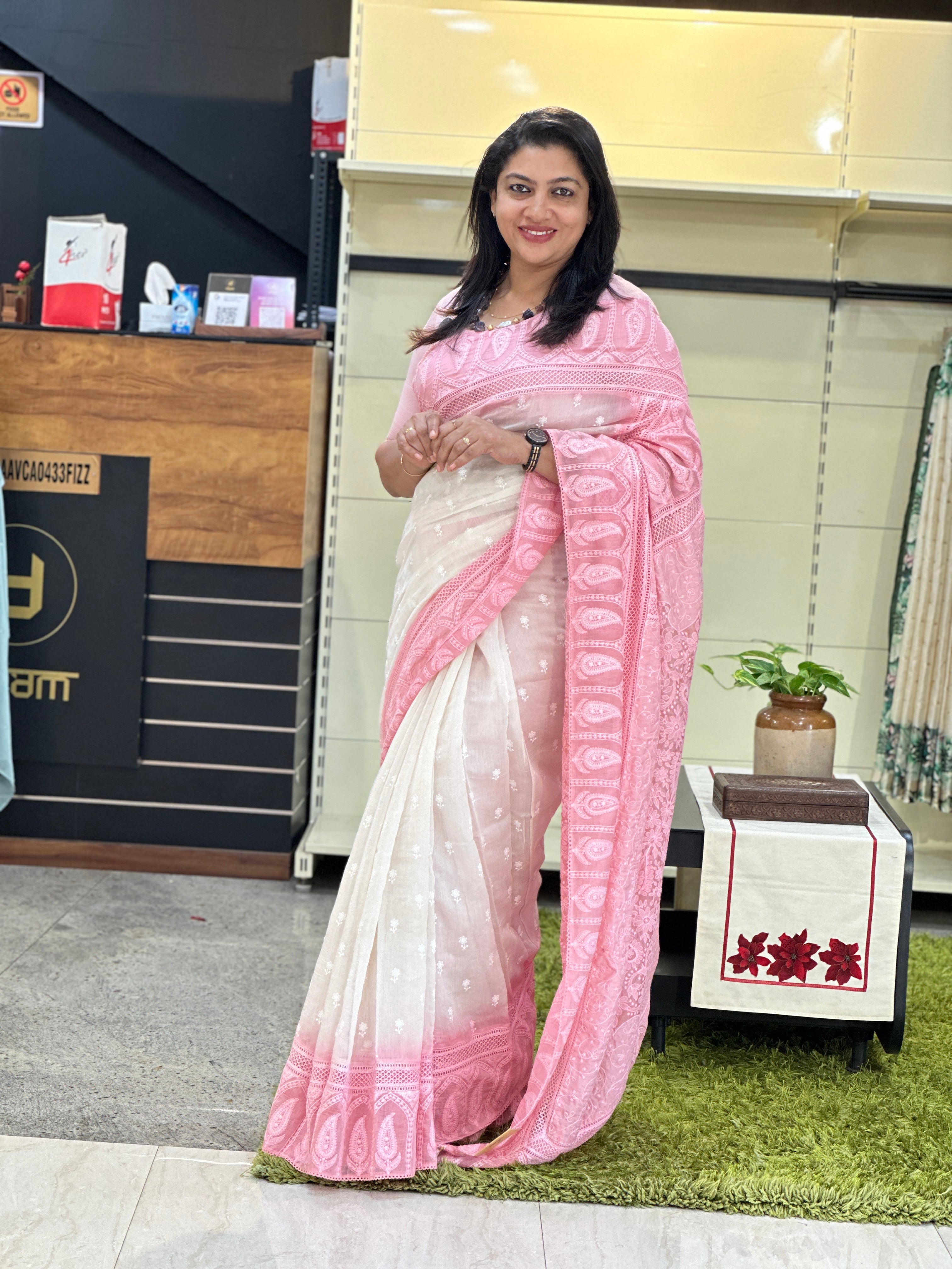 Lucknowi Inspired Embroidery Detailed Mul Chanderi Saree | MM429