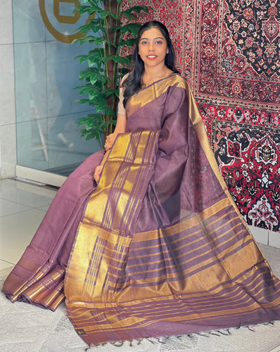 Golden Zari Detailed Bhagalpuri Linen Saree | NHH481