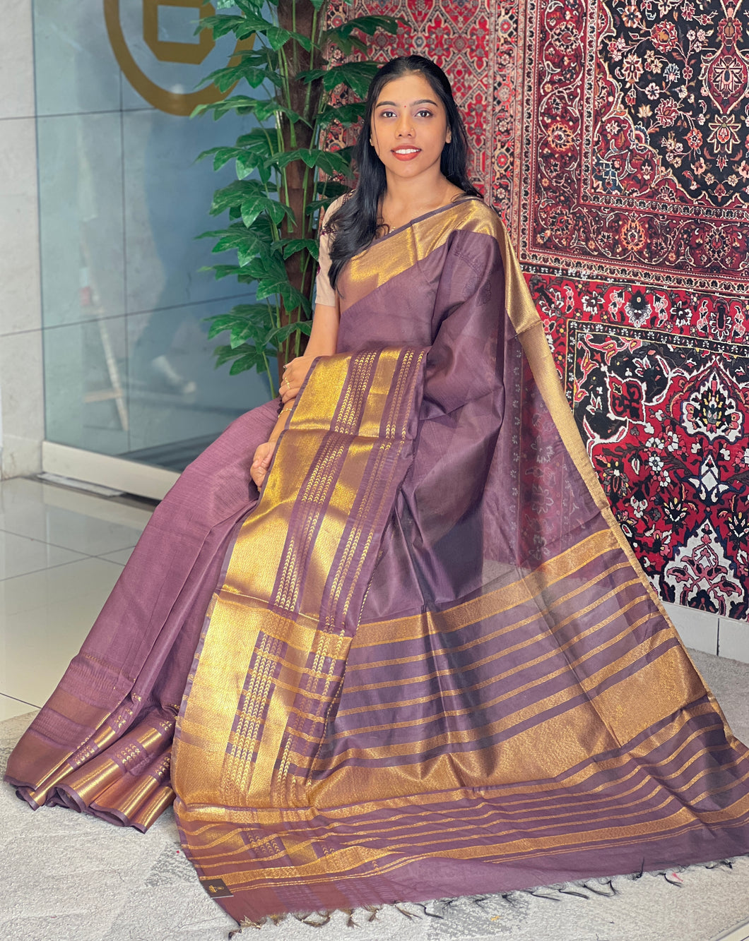 Golden Zari Detailed Bhagalpuri Linen Saree | NHH481