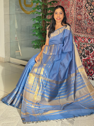 Golden Zari Detailed Bhagalpuri Linen Saree | NHH482