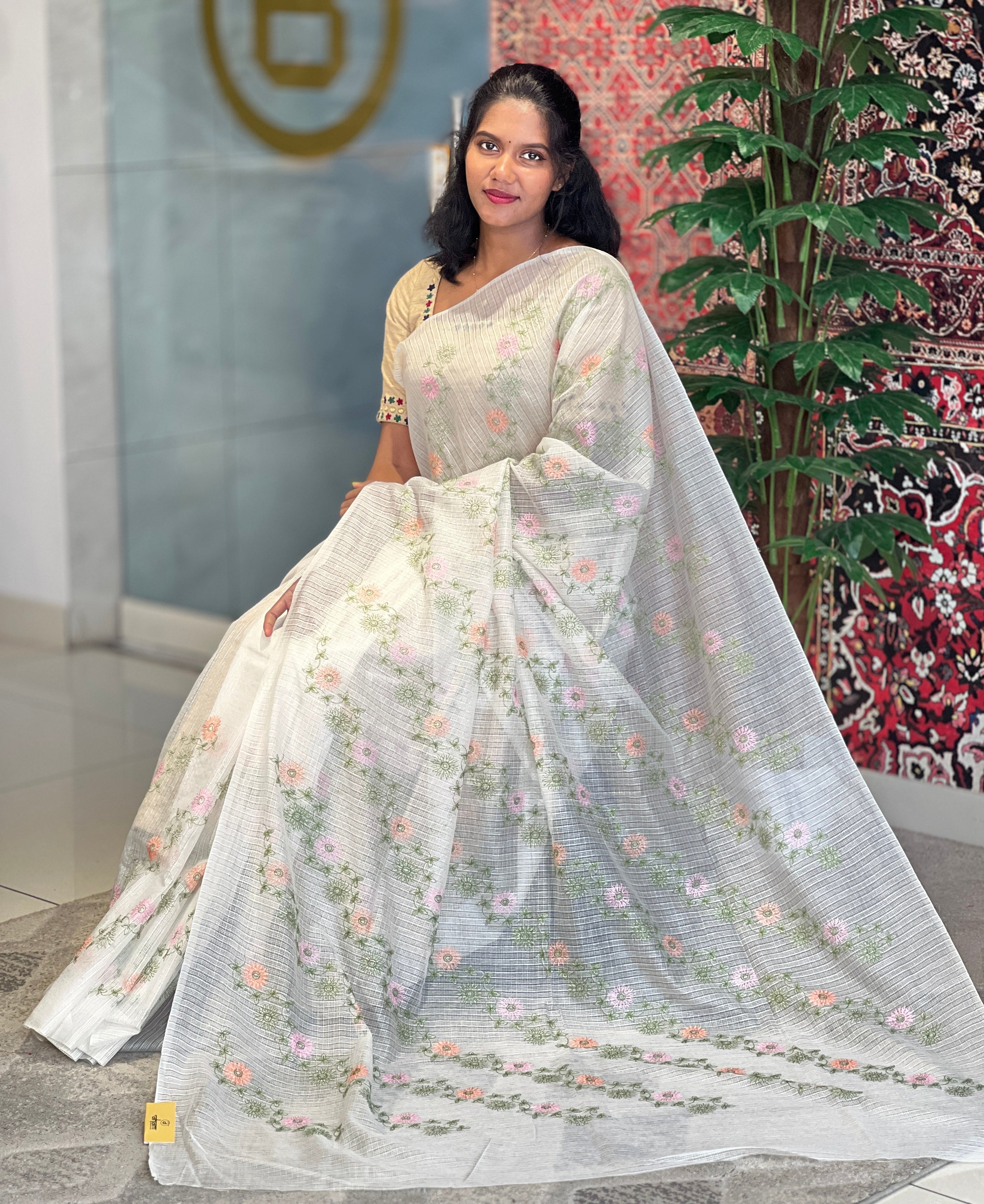 Floral Machine Embroidery Detailed Silky Kota Saree | NHH524