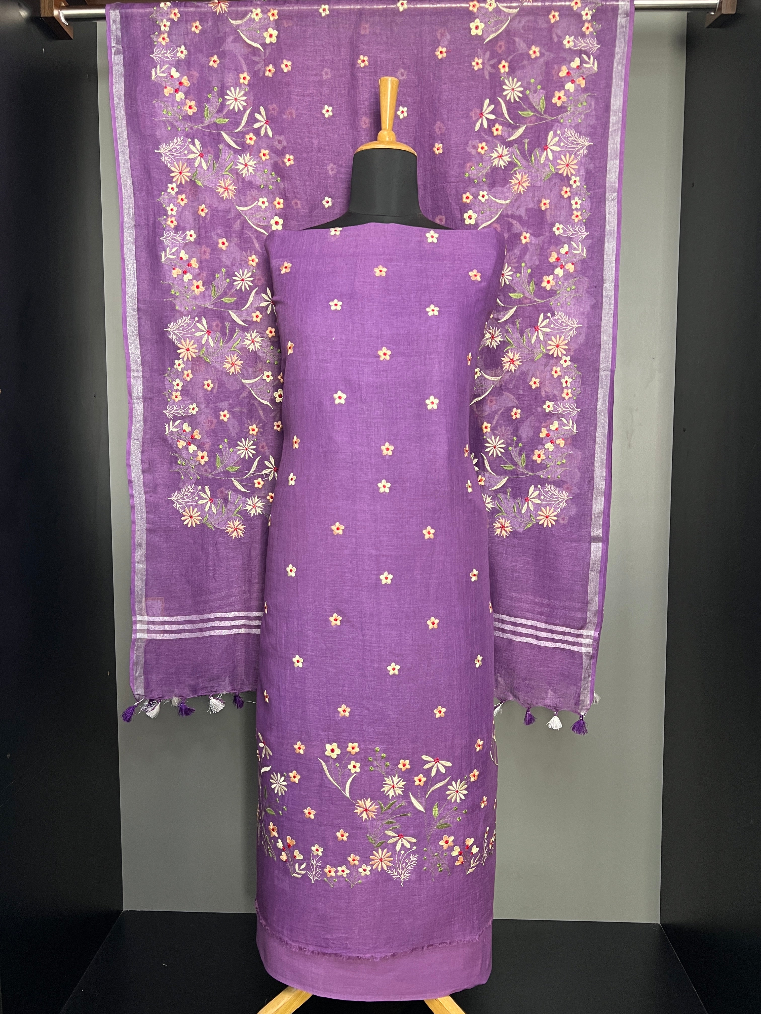 Multi-Color Floral Embroidered Semi Linen Salwar Set | NHH550