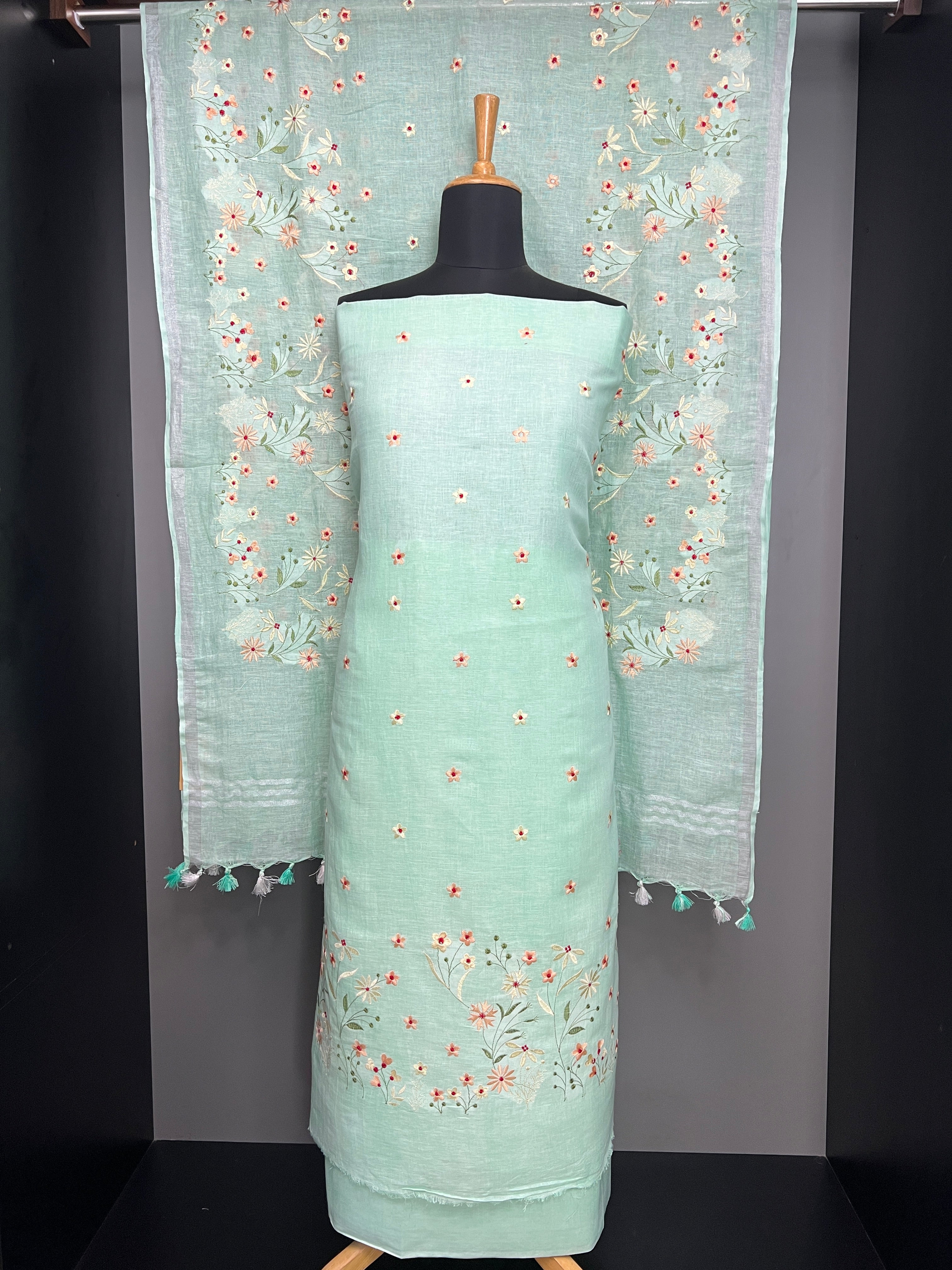 Multi-Color Floral Embroidered Semi Linen Salwar Set | NHH551