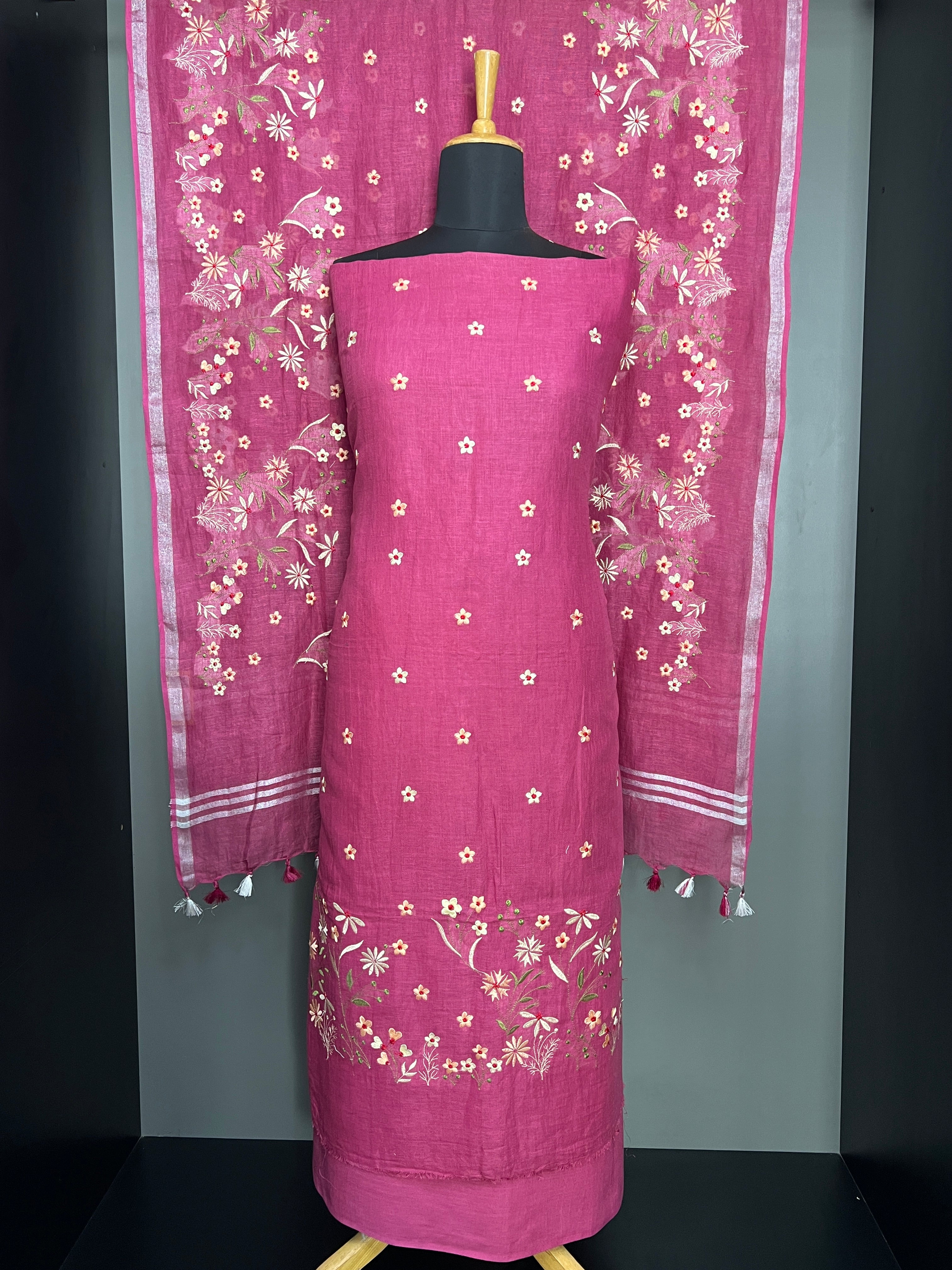 Multi-Color Floral Embroidered Semi Linen Salwar Set | NHH552