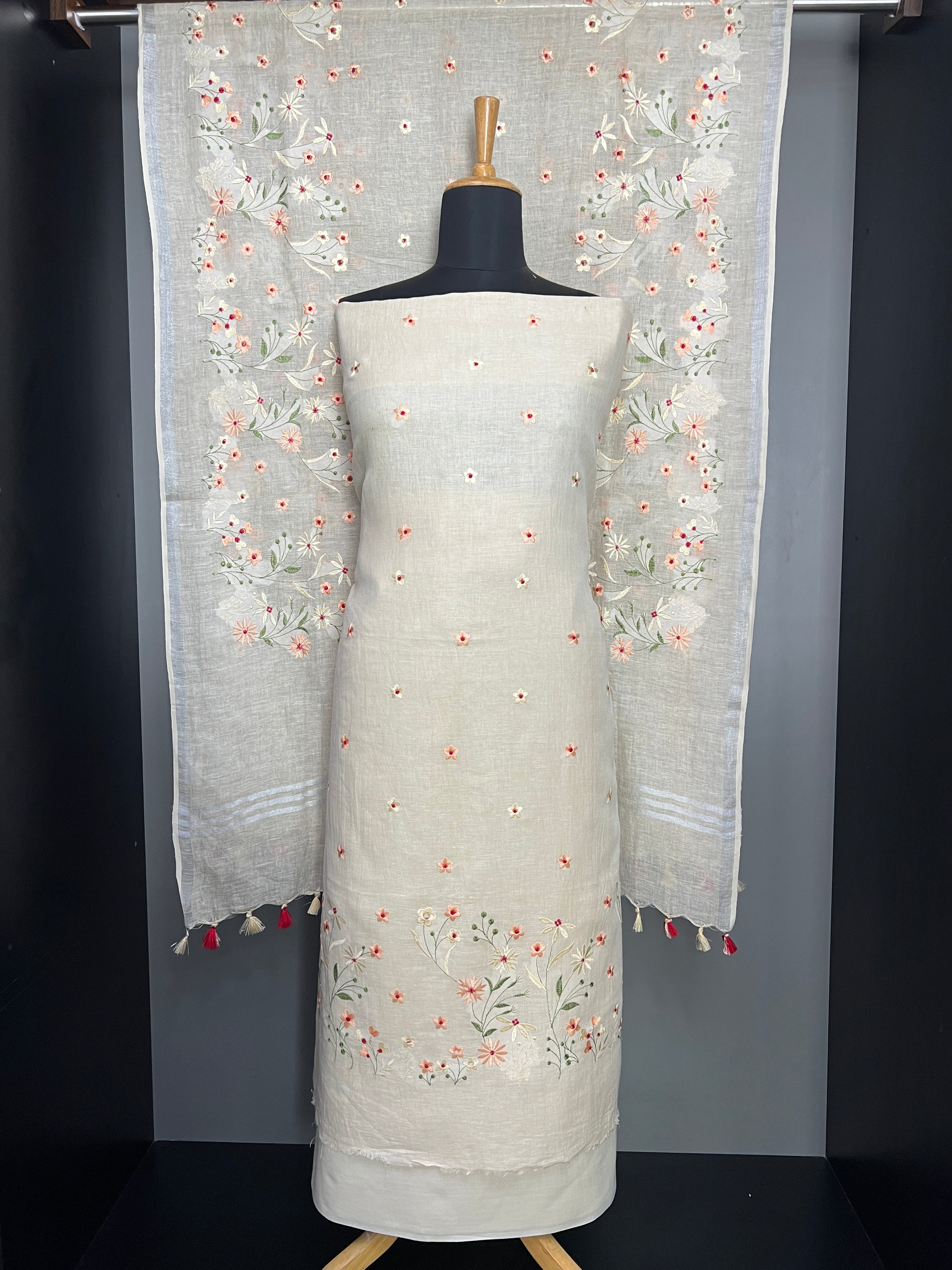 Multi-Color Floral Embroidered Semi Linen Salwar Set | NHH553