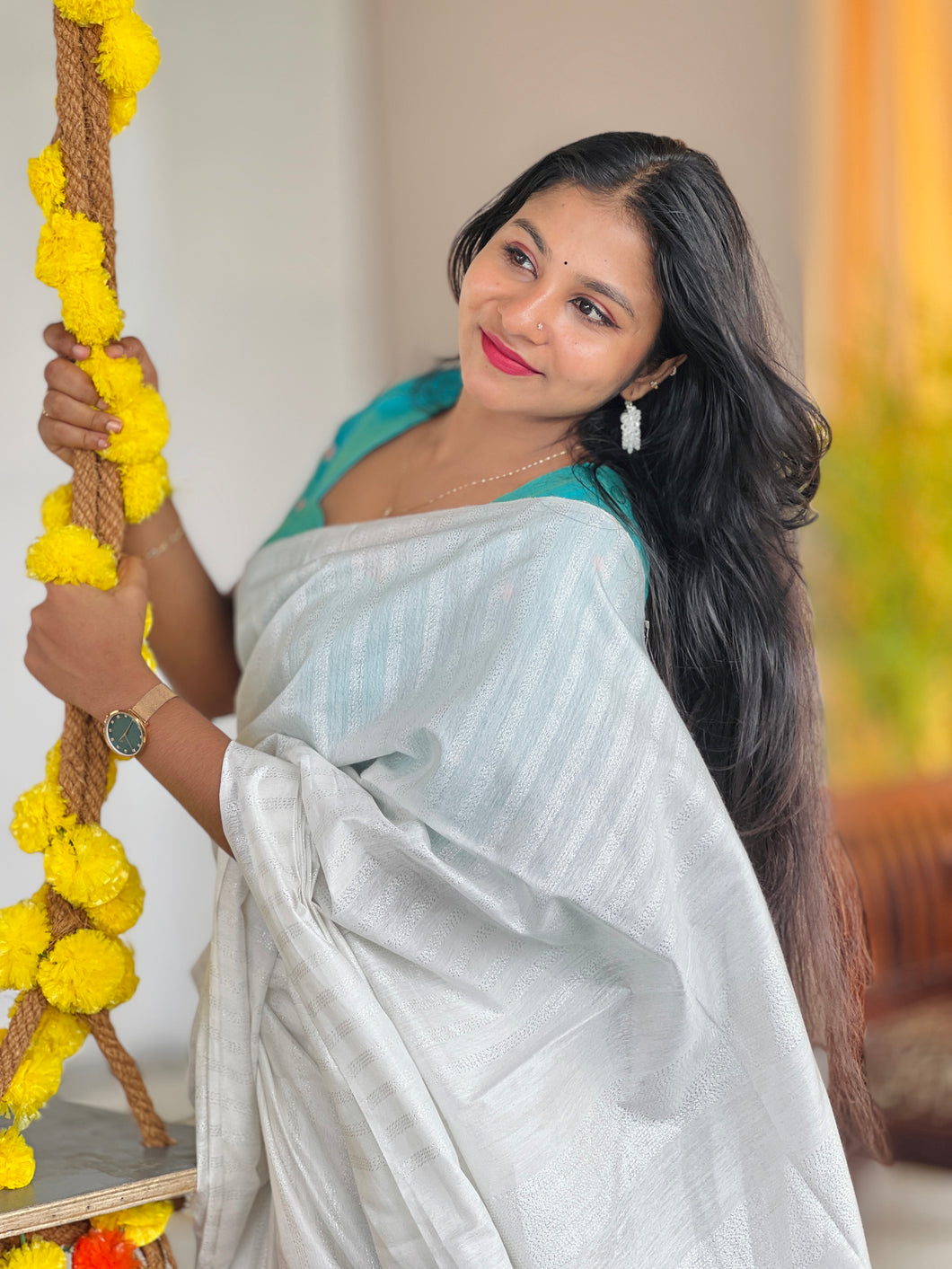 Lurex Yarns Stripe Weaving Pattern Semi Silk Saree | NHH486