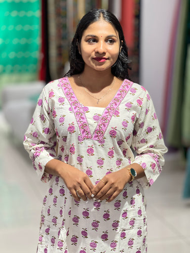 Floral Print With Embroidery Highlighted Cotton Kurta top & Bottom Set | OS472