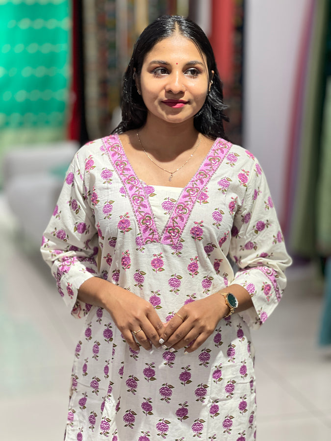 Floral Print With Embroidery Highlighted Cotton Kurta top & Bottom Set | OS472