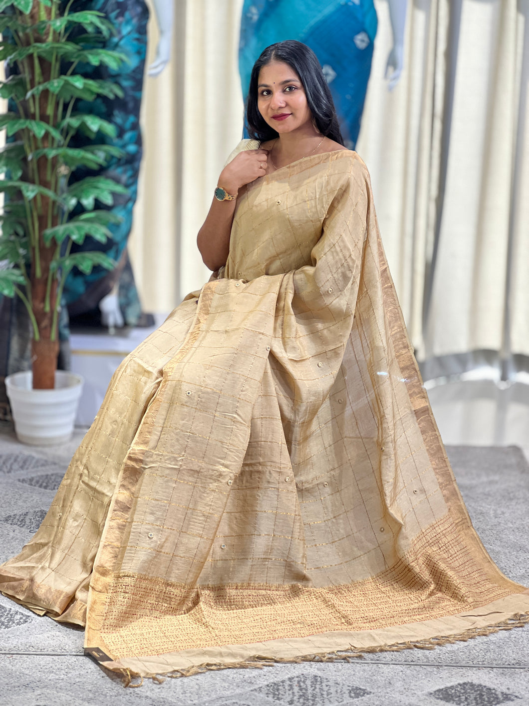 Zari Check Pattern With Mirror Detailed Pure Tussar Saree | RGD724