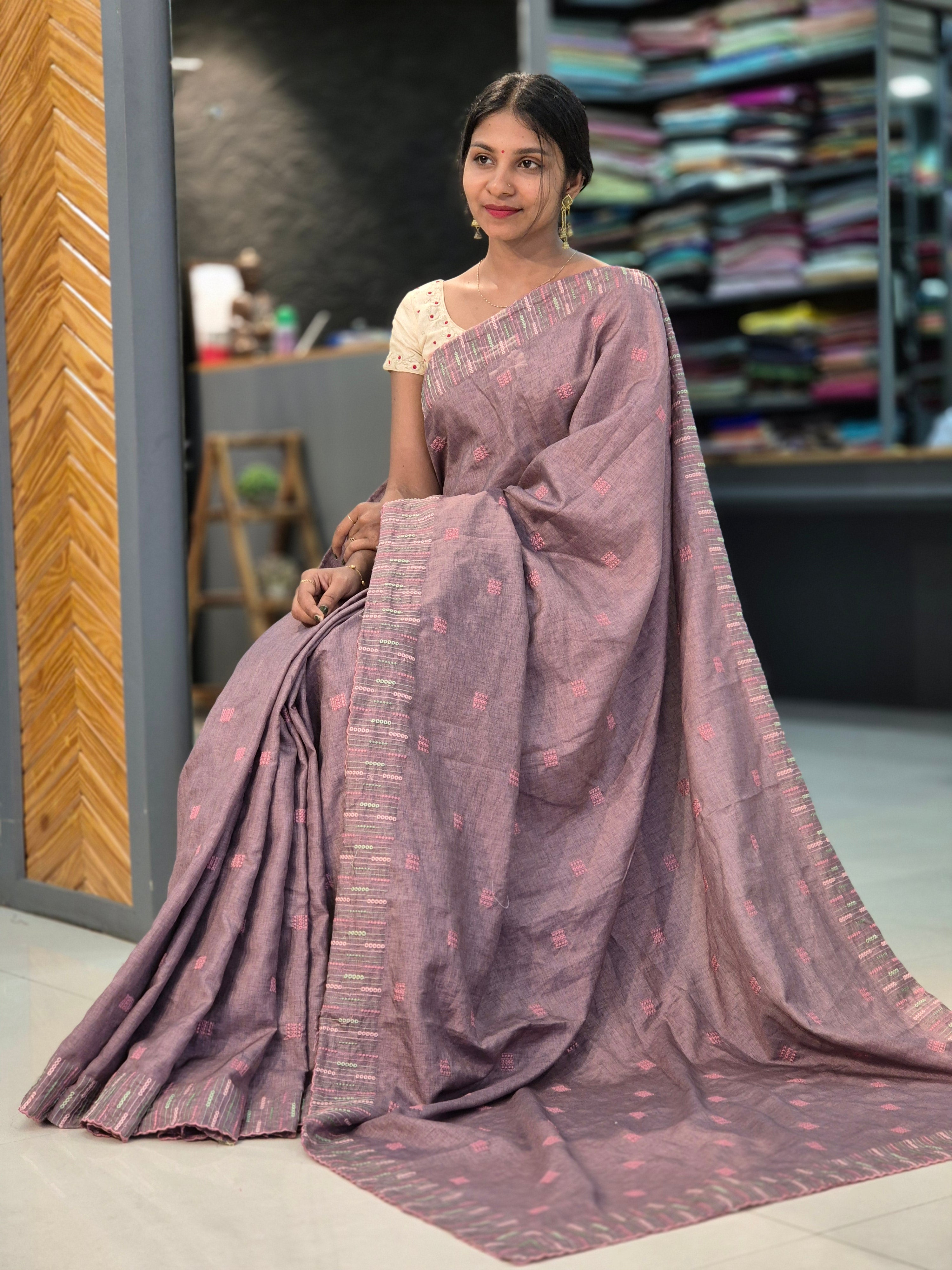 Machine Embroidery Semi Tussar Saree | SBP240