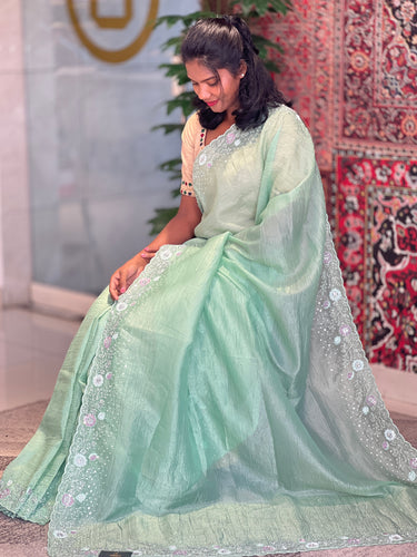 Machine Embroiderd Crushed Organza Saree | SBP711