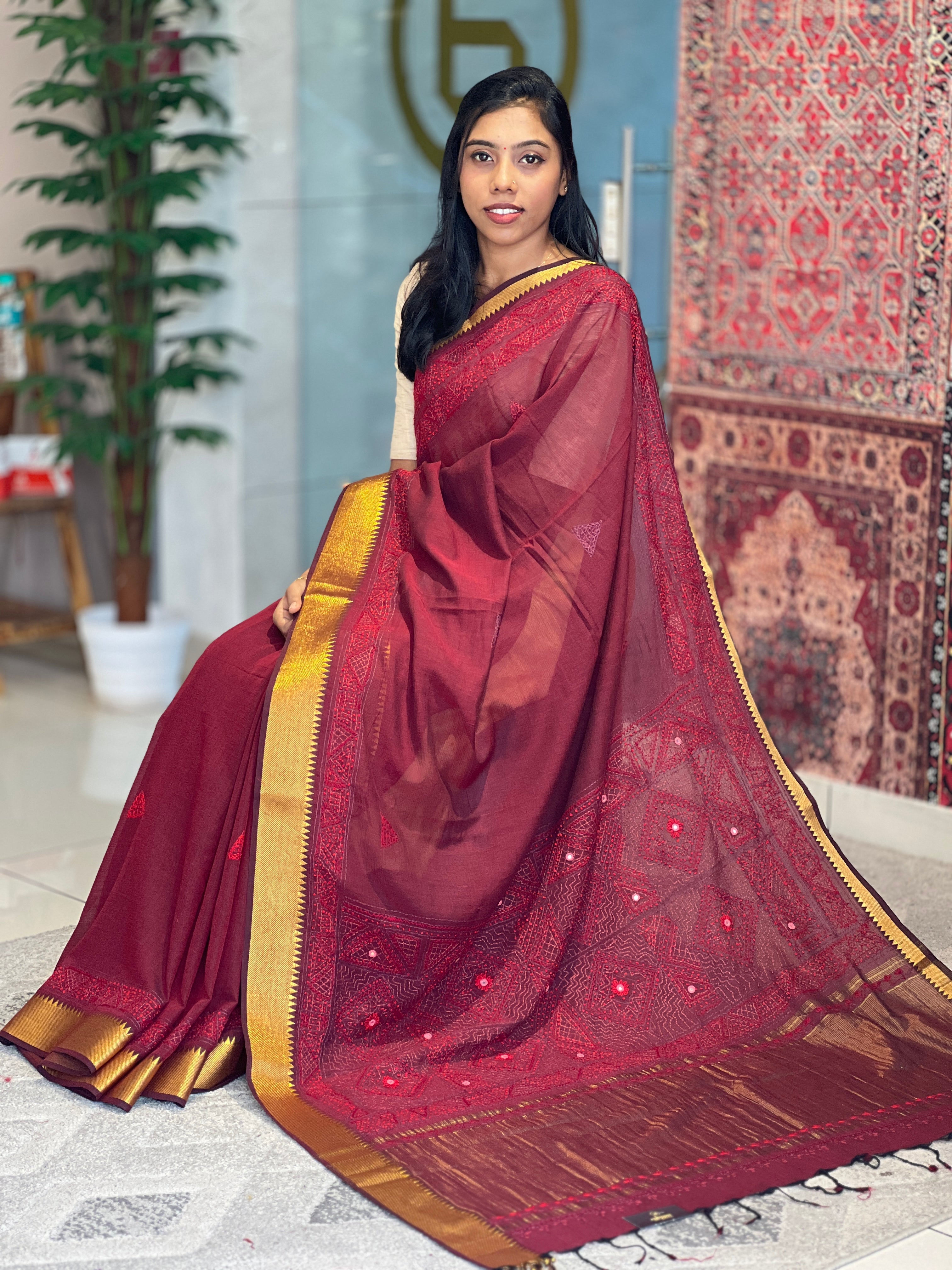 Thread Embroidery Mangalgiri Cotton Saree | SBS1250