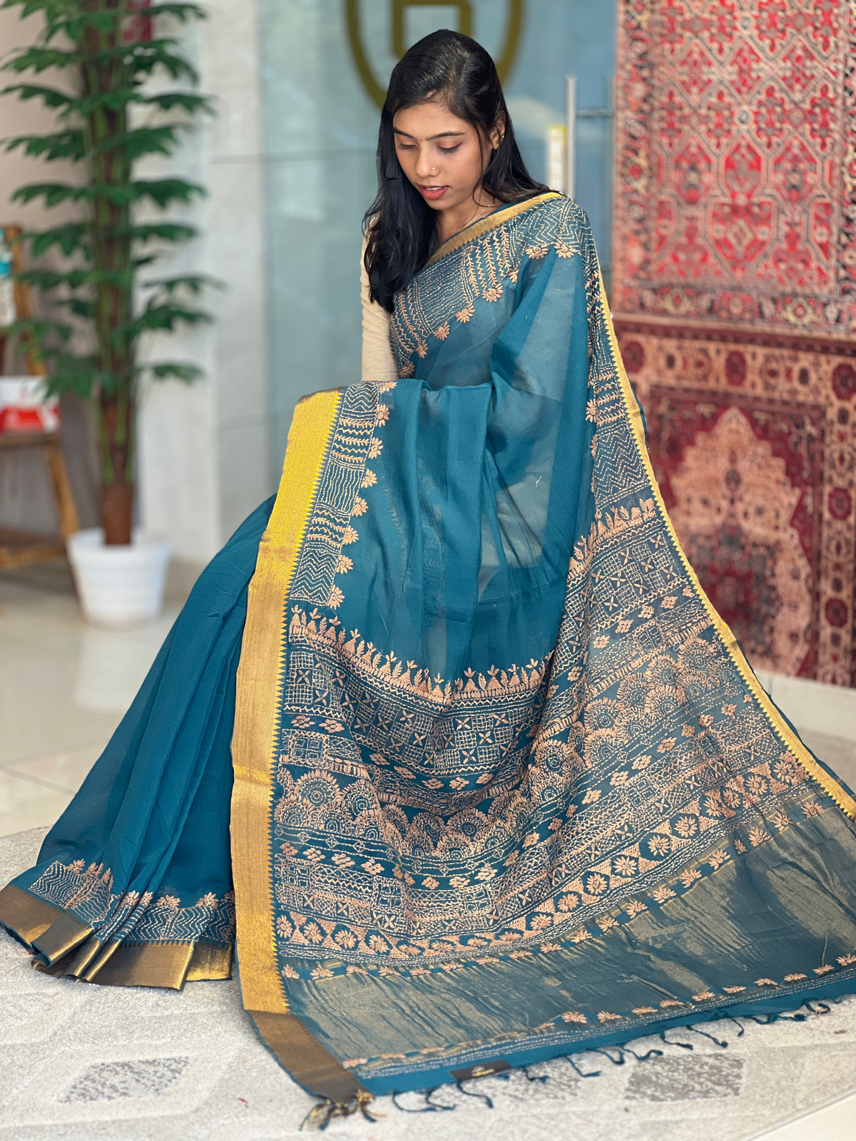Thread Embroidery Mangalgiri Cotton Saree | SBS1471
