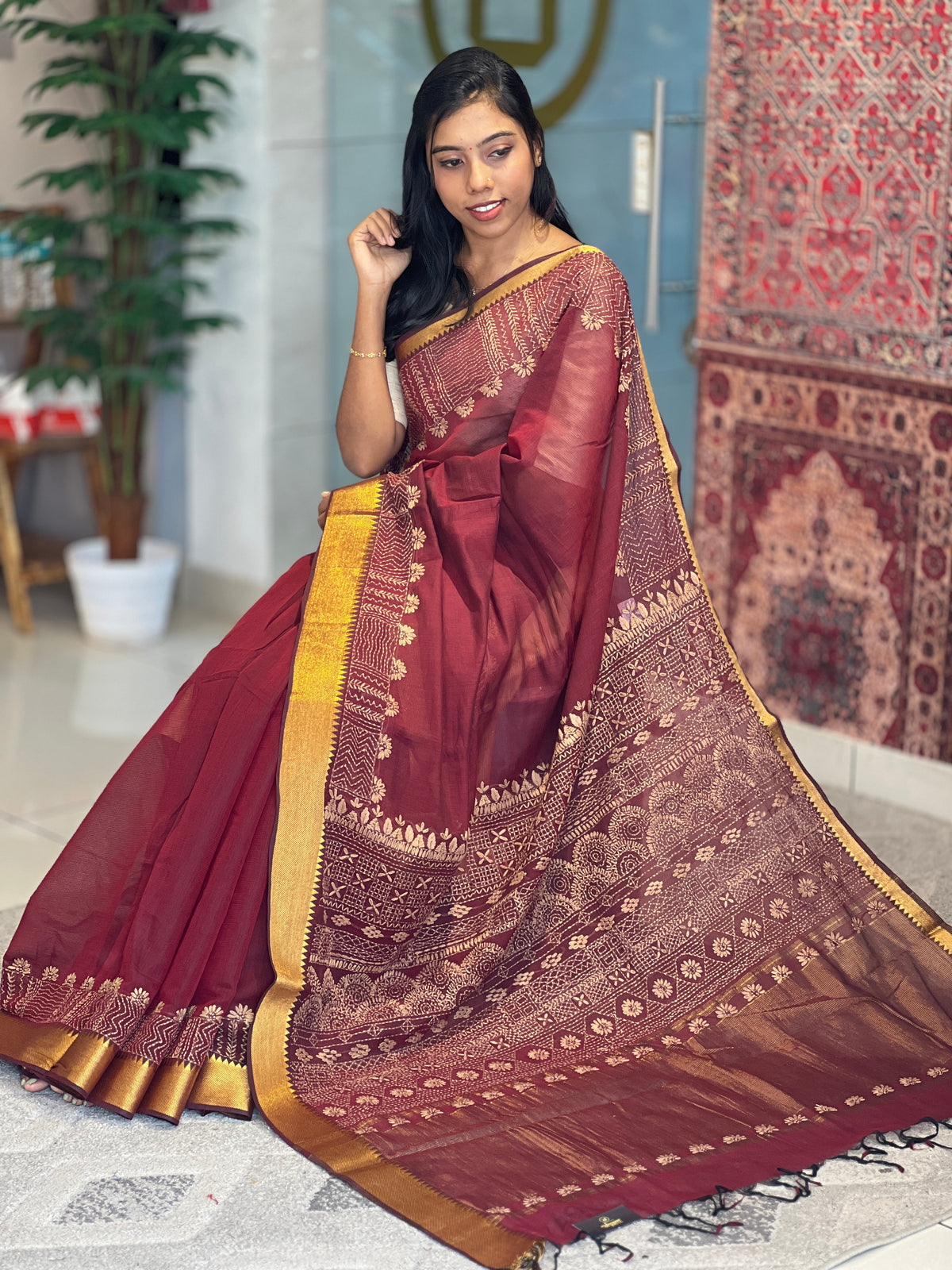 Thread Embroidery Mangalgiri Cotton Saree | SBS1472