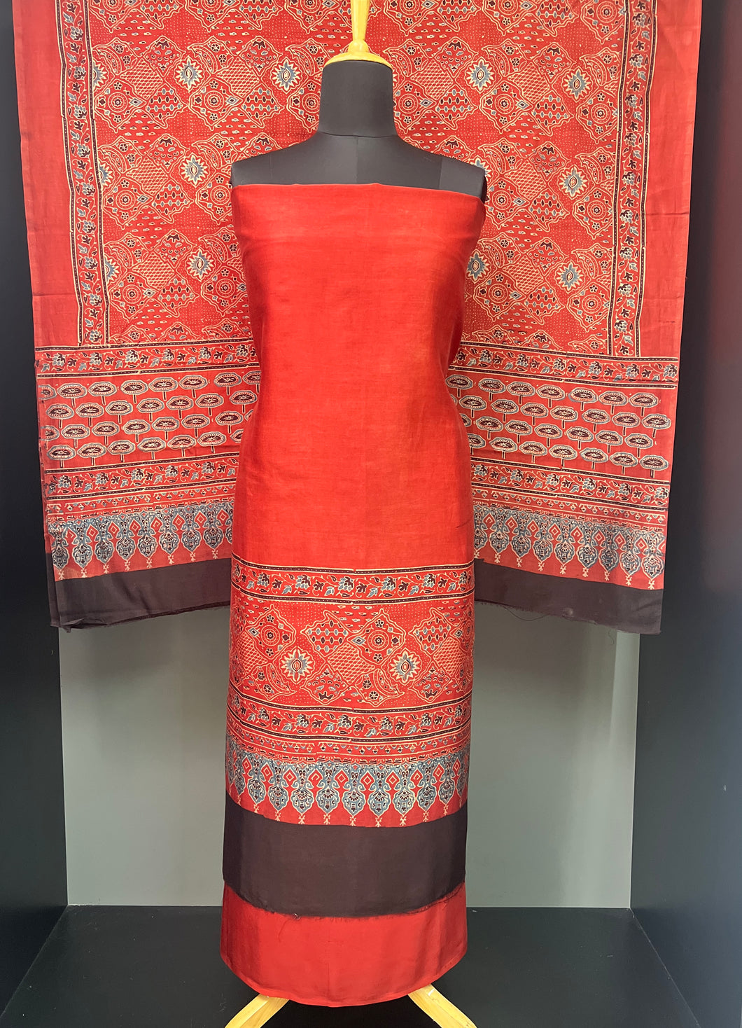 Hand Block Ajrak Printed Tussar Salwar Set | SBS1337