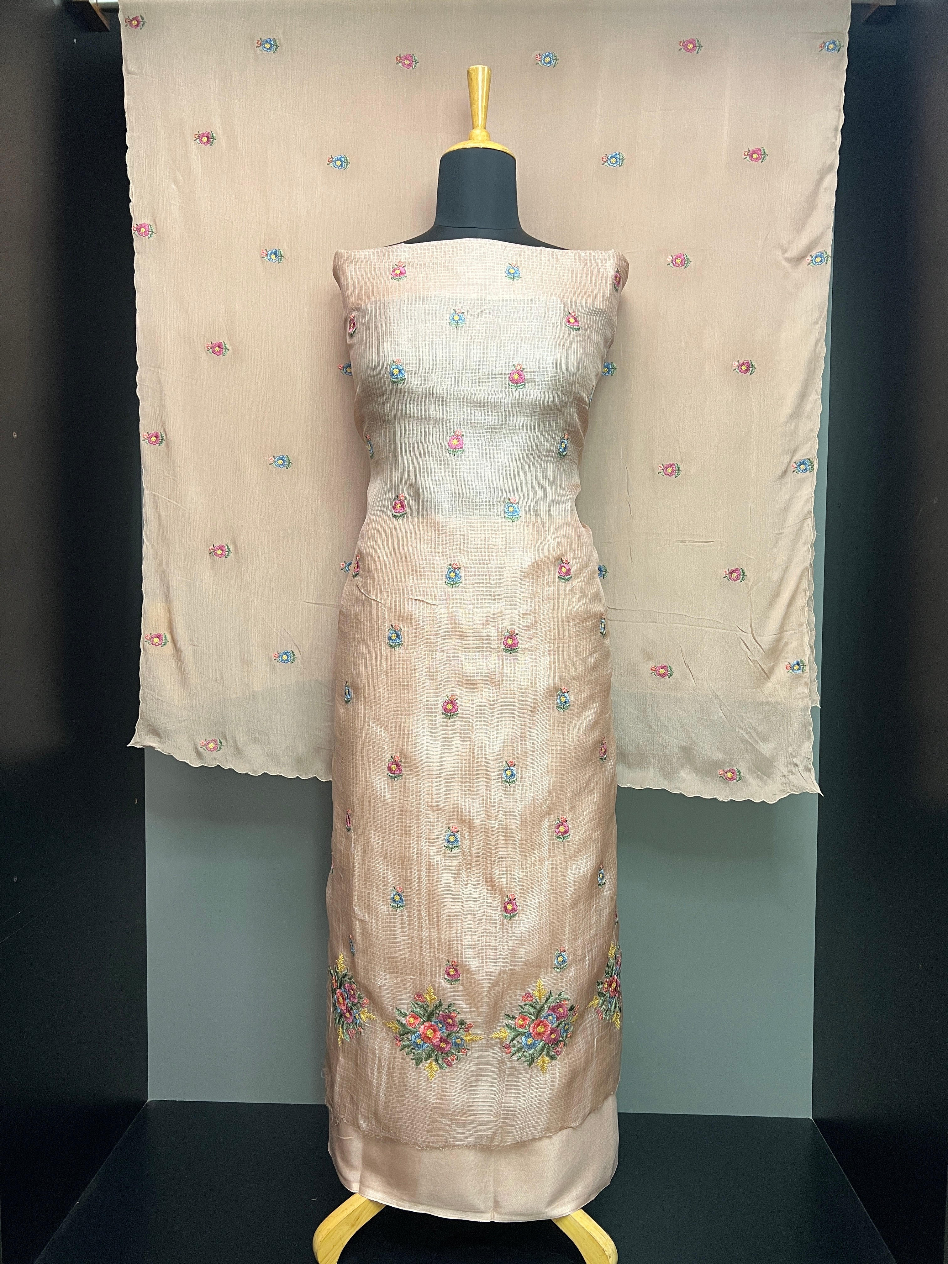 Floral Placement Detailed Embroidery Tussar Kota Salwar Set | SBS1390