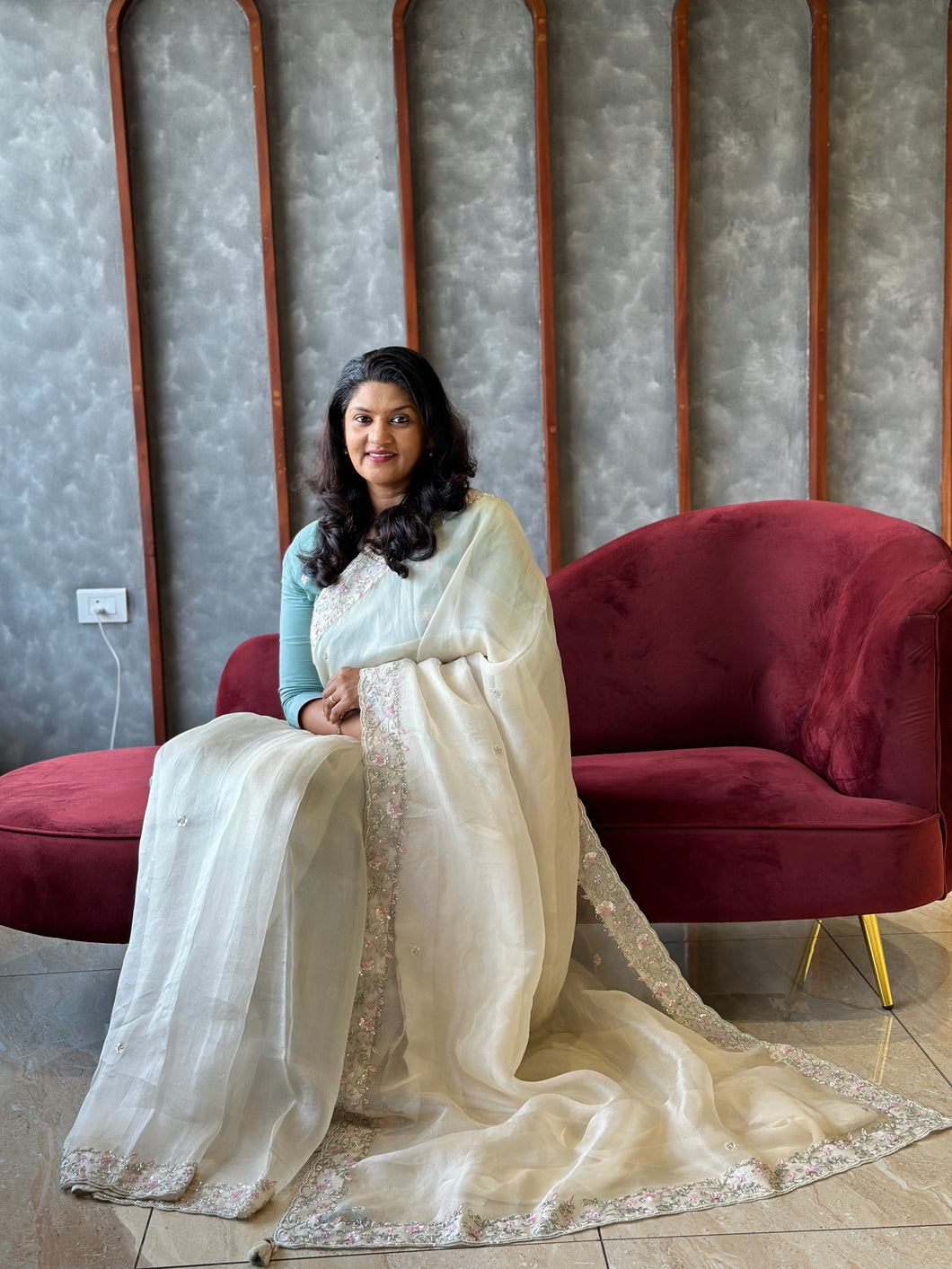 Cut Beeds and Hand Embroidery Silk Organza Saree | SBS425