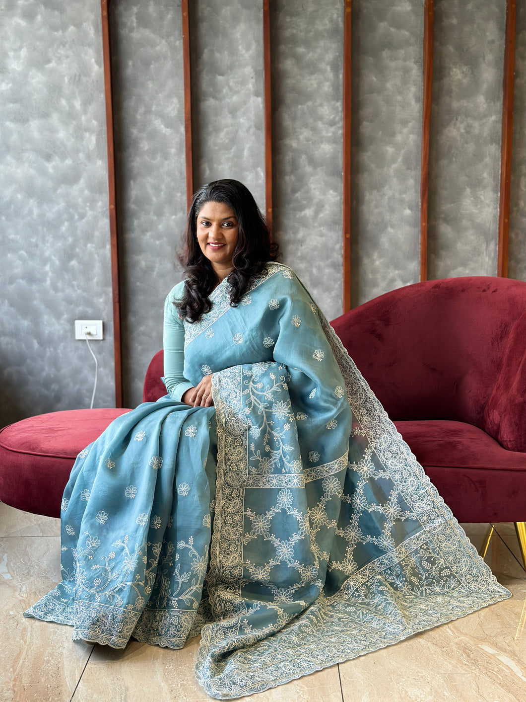Machine Embroidery Highlighted Pure Silk Organza Saree | SBS696
