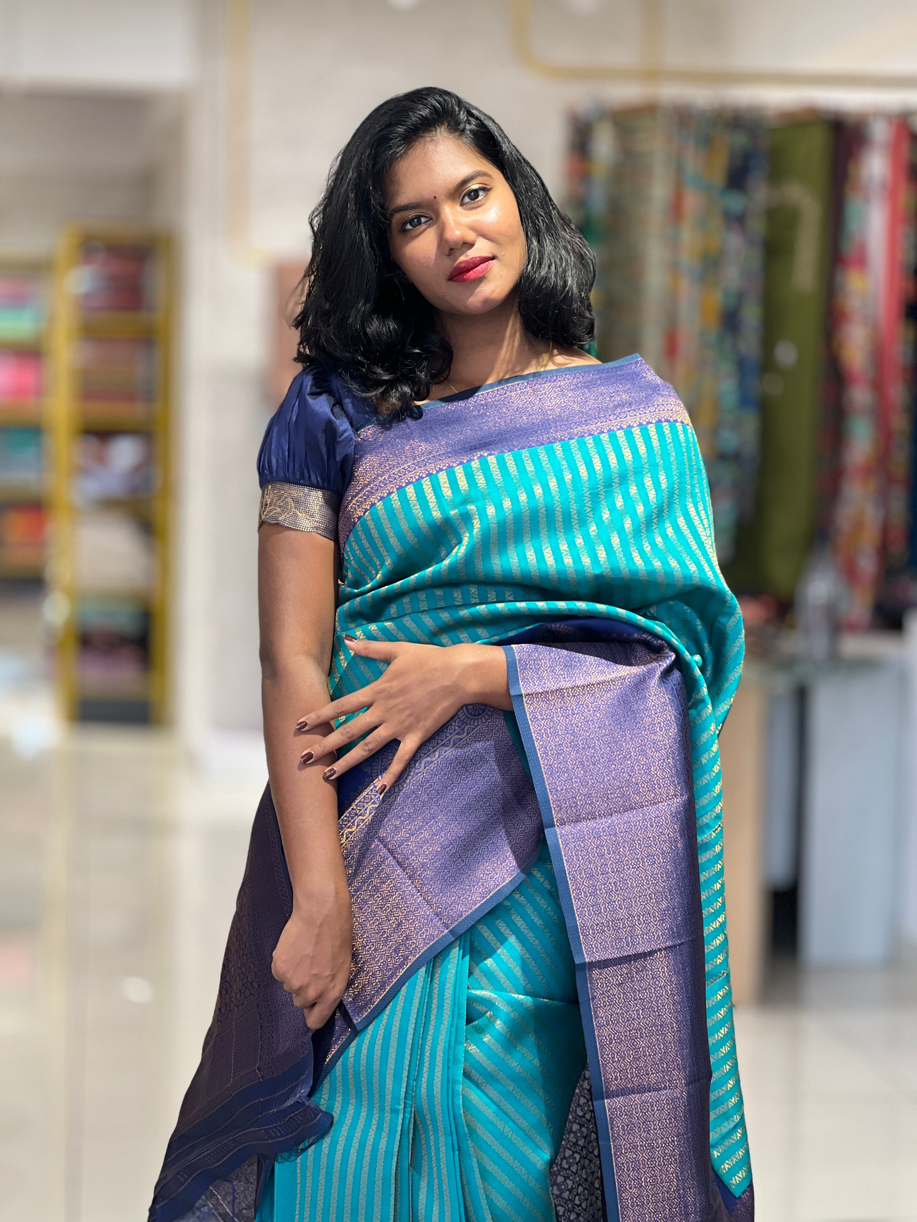 Traditional Zari Woven Stripe Patterned Semi Silk Saree | SRK112