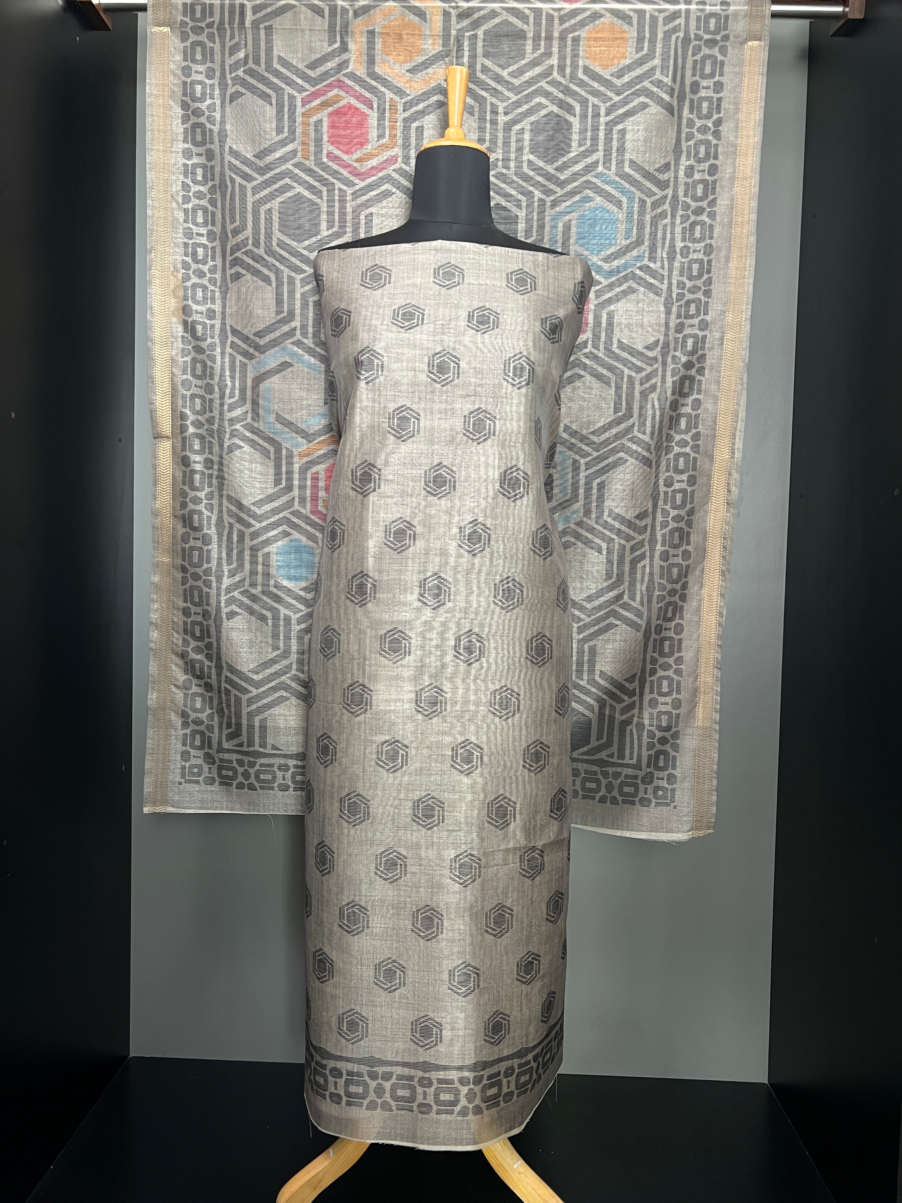 Geometric Printed Semi Tussar Salwar Set (Without Bottom) | SSN421