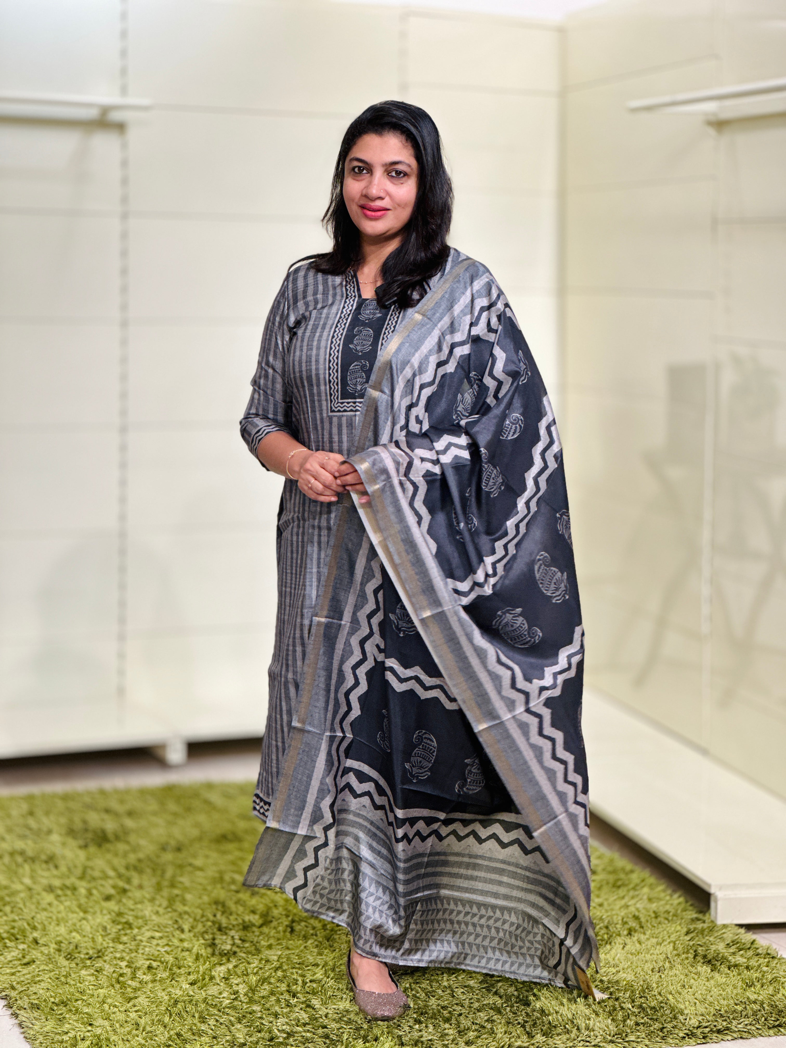 Block Printed Semi Tussar Unstitched Salwar Set (Without Bottom) | SSN436