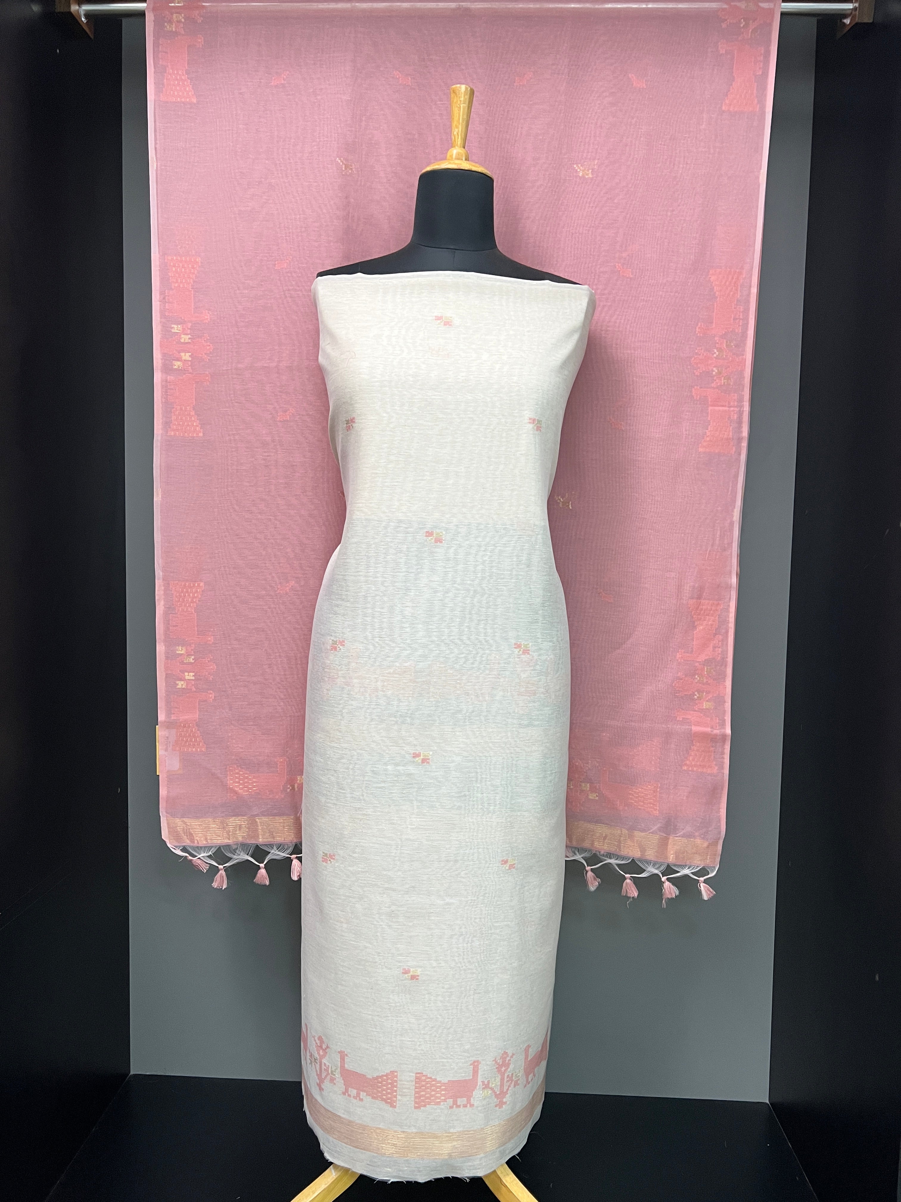 Jamdani Woven Chanderi-Linen Finish Unstitched Salwar Set | SSN463