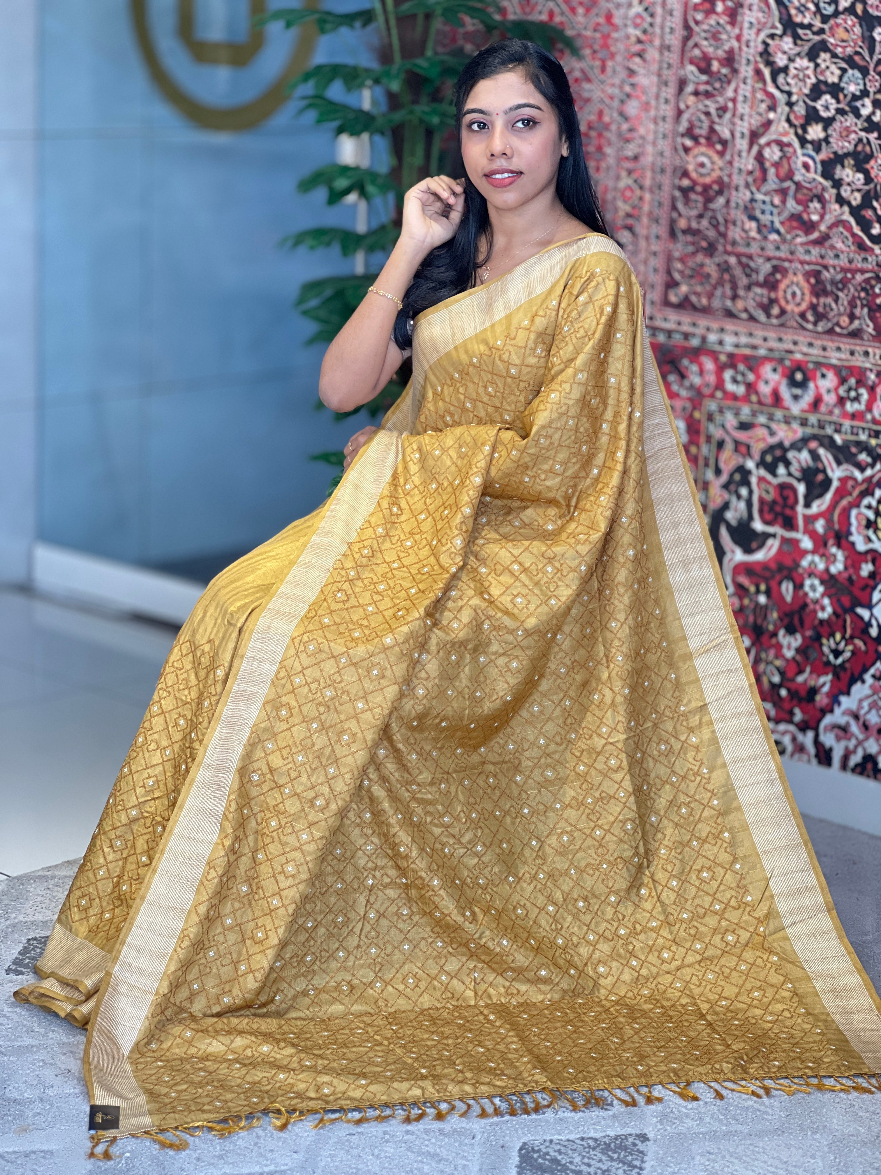 Machine Embroidery Geometric Patterned Tussar Finish Saree | SUN285