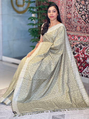 Machine Embroidery Geometric Patterned Tussar Finish Saree | SUN287
