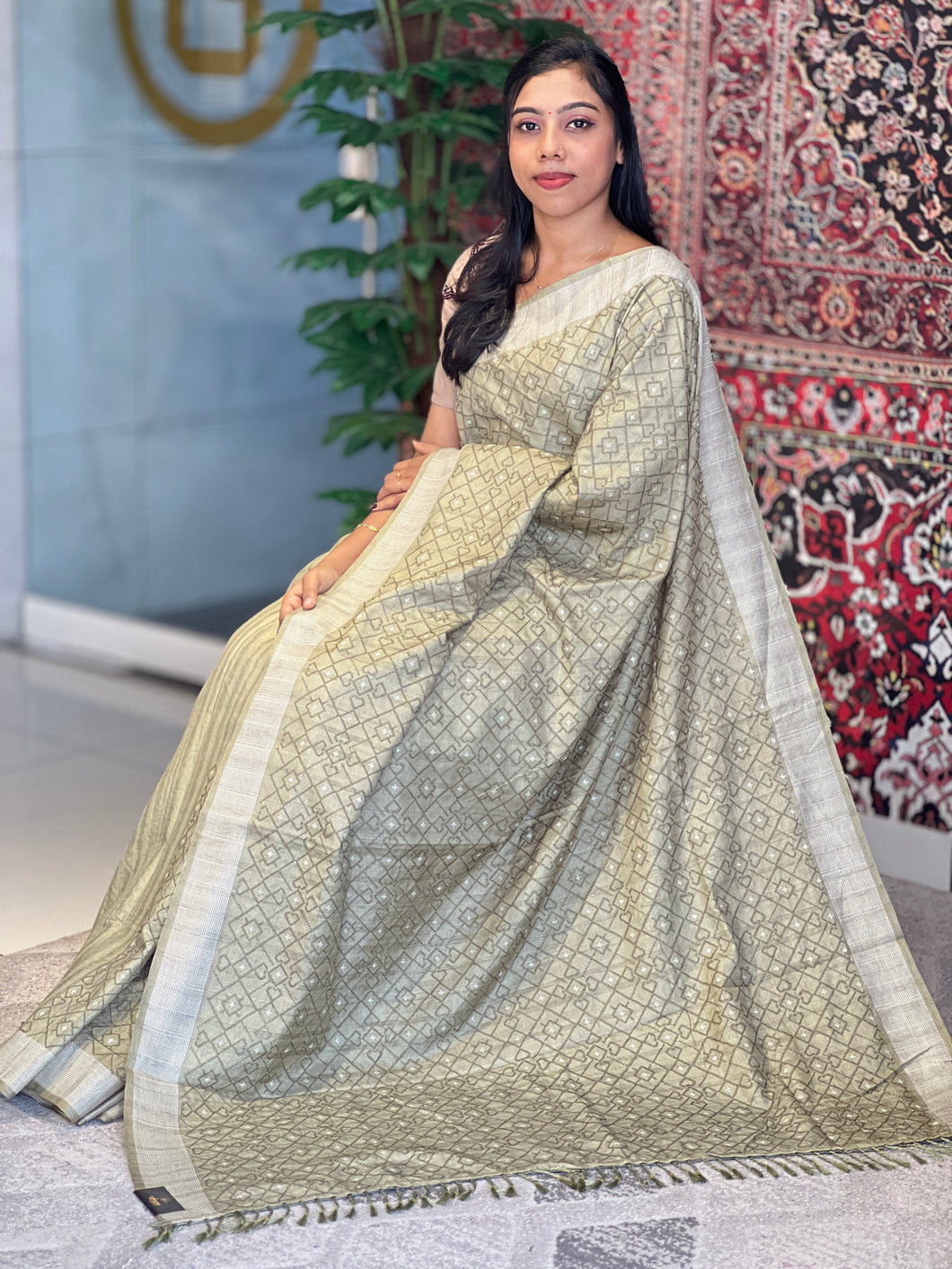 Machine Embroidery Geometric Patterned Tussar Finish Saree | SUN287