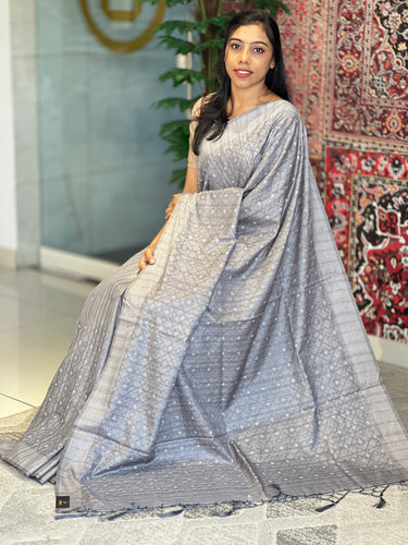 Machine Embroidery Geometric Patterned Tussar Finish Saree | SUN288