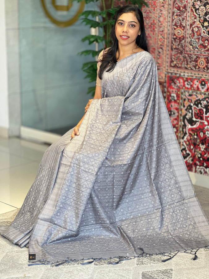 Machine Embroidery Geometric Patterned Tussar Finish Saree | SUN288